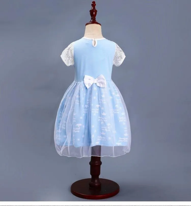 2 Kinds Floral Print Short Sleeves Bowknot Splicing Toddler Baby Girls Princess Party Dress