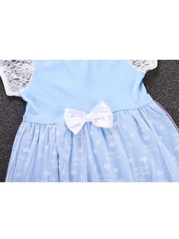 2 Kinds Floral Print Short Sleeves Bowknot Splicing Toddler Baby Girls Princess Party Dress