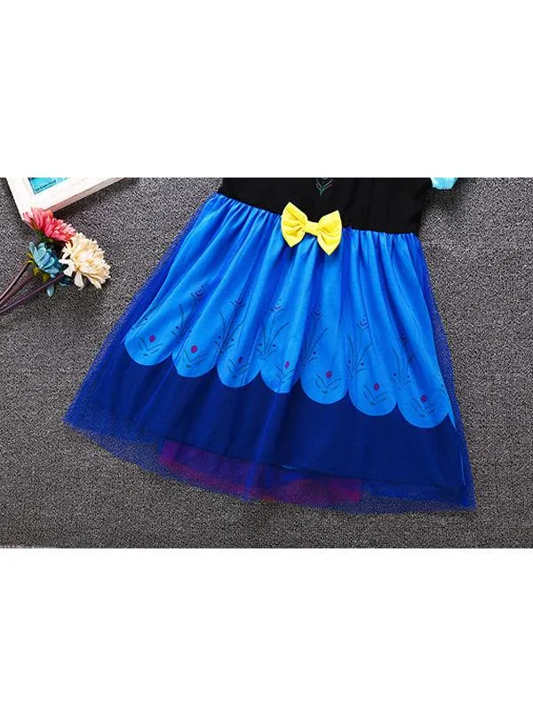2 Kinds Floral Print Short Sleeves Bowknot Splicing Toddler Baby Girls Princess Party Dress