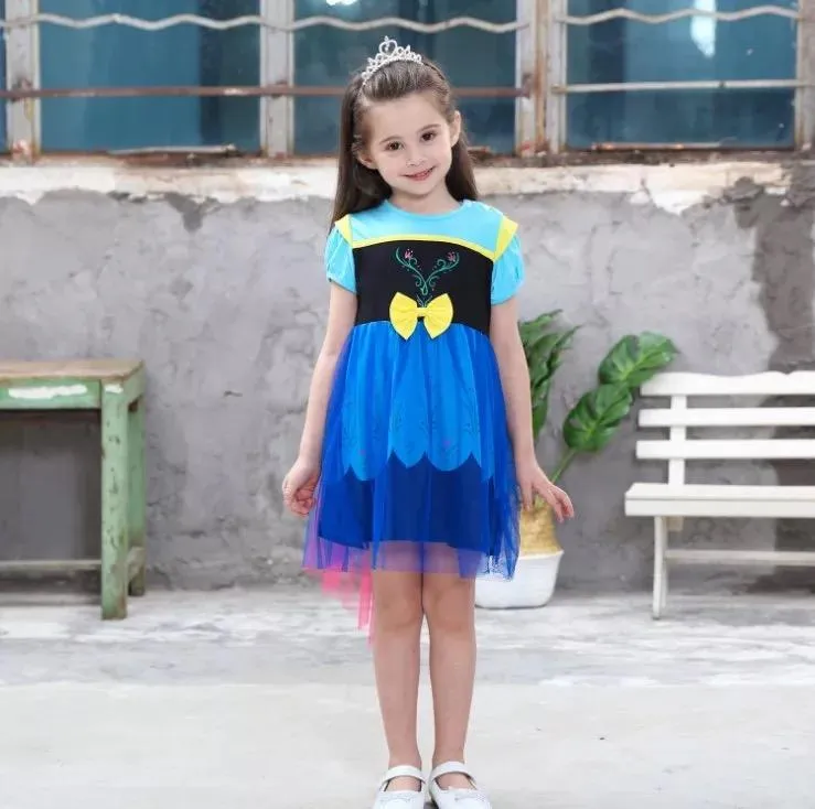 2 Kinds Floral Print Short Sleeves Bowknot Splicing Toddler Baby Girls Princess Party Dress