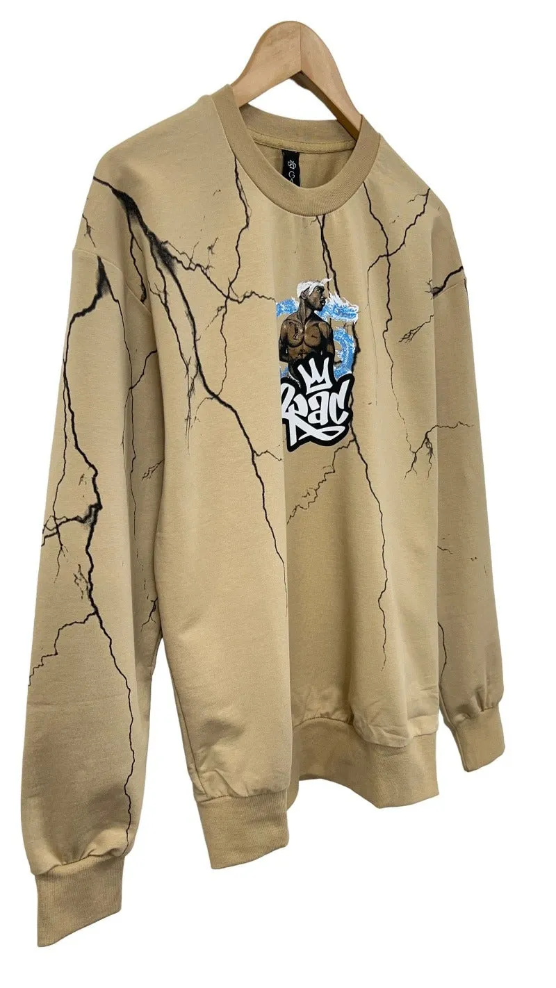 2pac Men's Beige Graphic Sweatshirt Fleece Long Sleeves Regular Fit