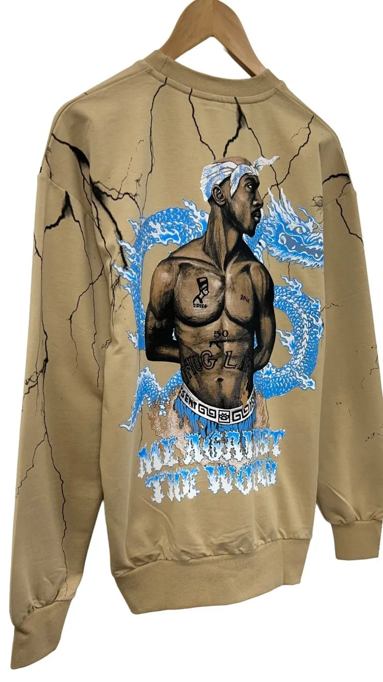 2pac Men's Beige Graphic Sweatshirt Fleece Long Sleeves Regular Fit