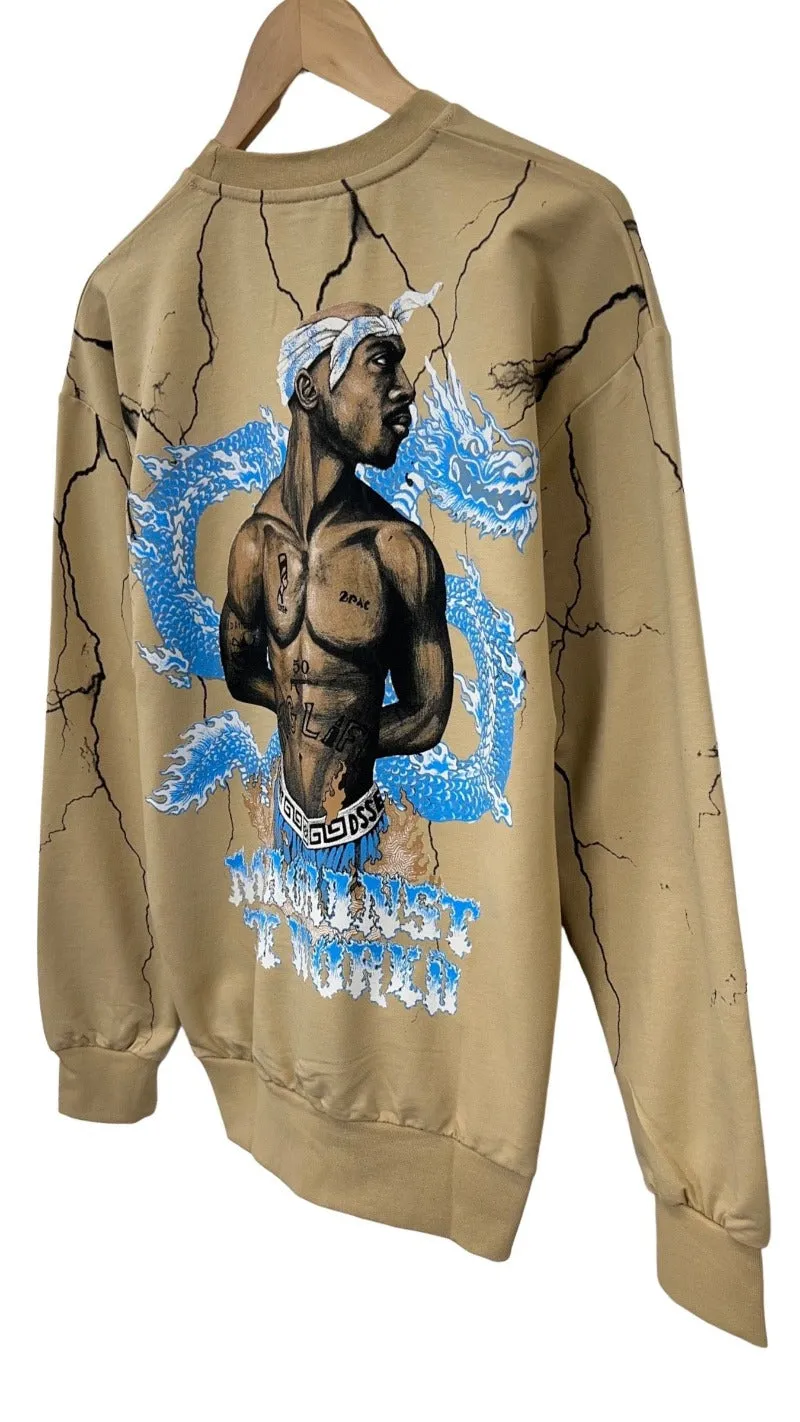 2pac Men's Beige Graphic Sweatshirt Fleece Long Sleeves Regular Fit