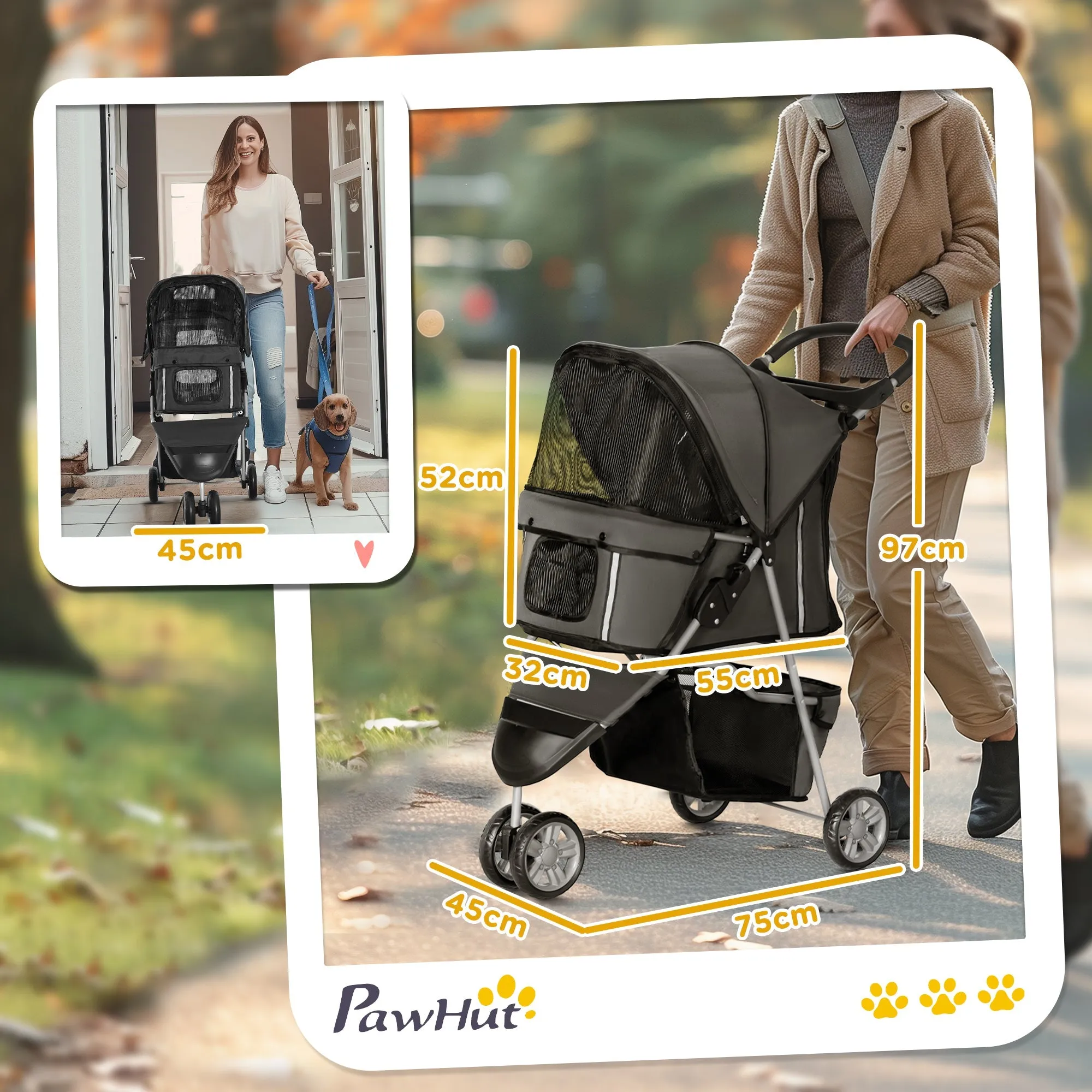 3 Wheel Pet Stroller for Small and Miniature Dogs Charcoal Grey