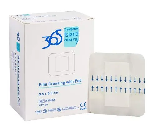 365 Transparent Island Dressings with Absorbent Pad 8.5cm x 9.5cm
