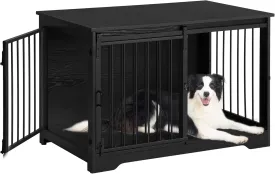 39.4" Heavy Duty Dog Crate Furniture with Barn Door, Wood Indoor Dog Crate Kennel for Small/Medium/Large Dogs, End Side Table, TV Stand, Black DFC02304B