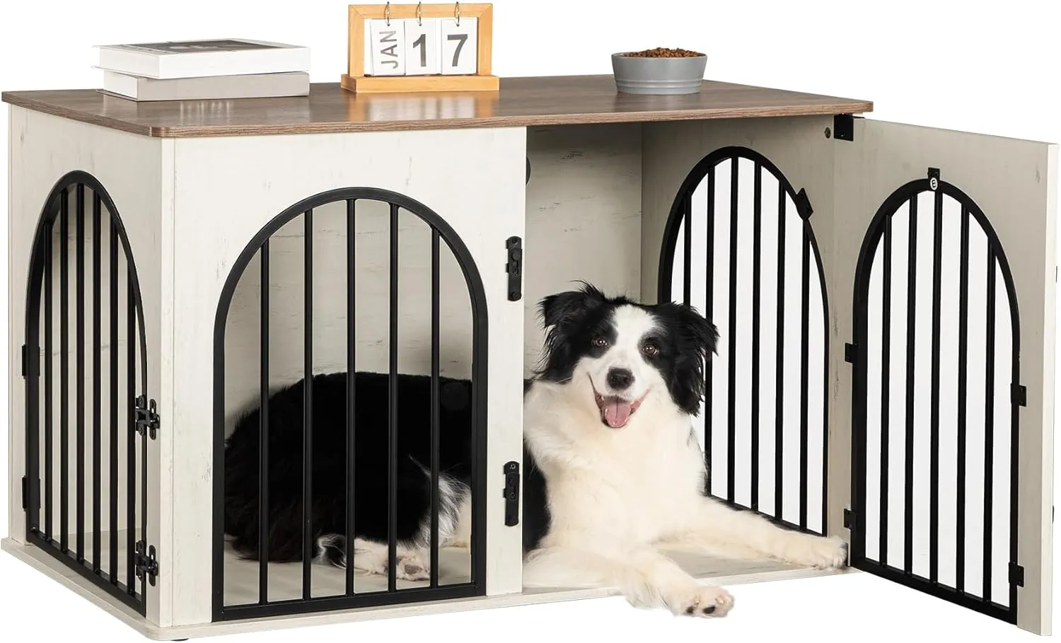 39.4" Wooden Dog Crate Furniture TV Stand, Indoor Dog Kennel for Small/Medium/Large Dogs, End Side Table Dogs Crates, Anti-Chew, Anti-Escape, Arched Door Design, White Brown DFC84114B