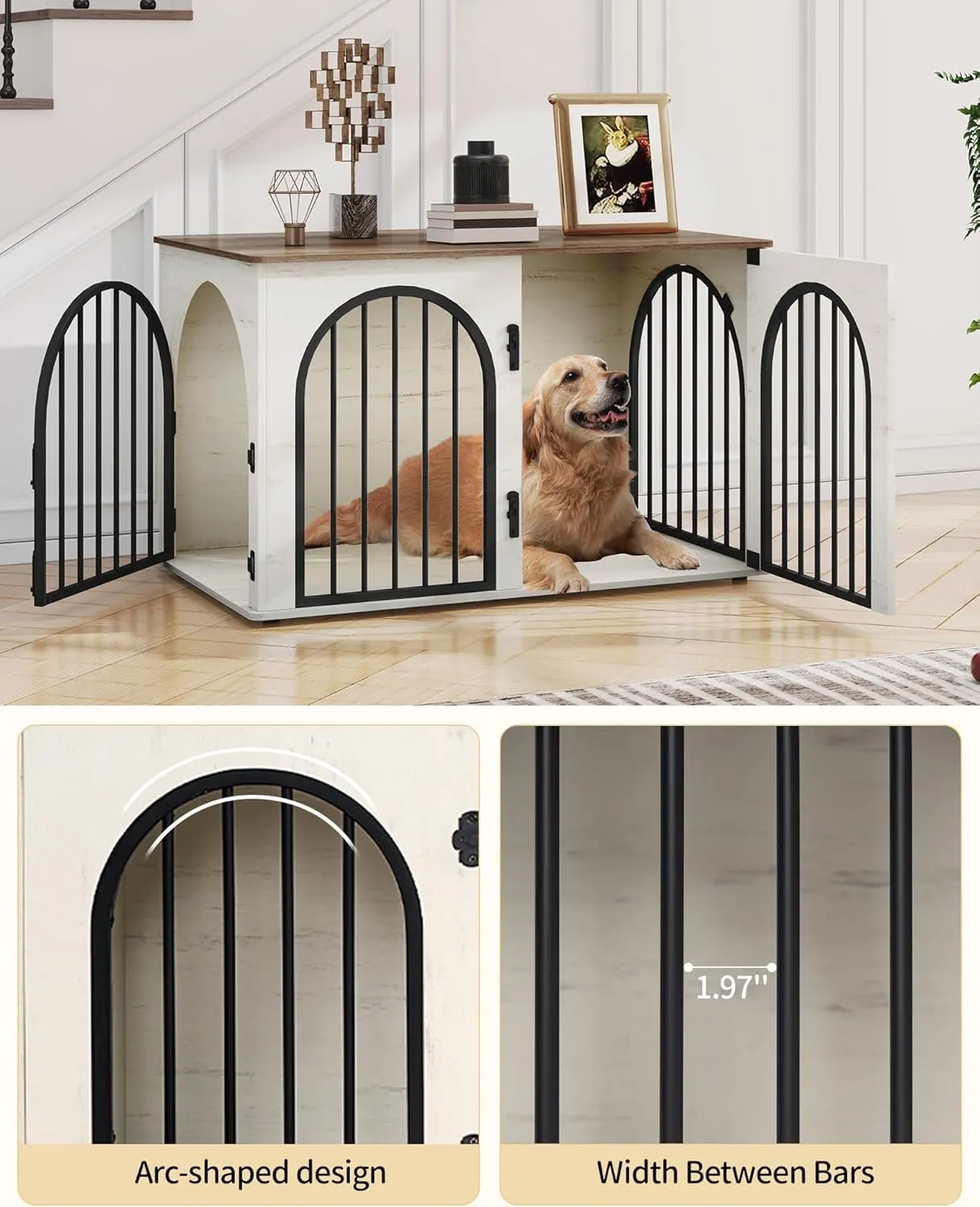 39.4" Wooden Dog Crate Furniture TV Stand, Indoor Dog Kennel for Small/Medium/Large Dogs, End Side Table Dogs Crates, Anti-Chew, Anti-Escape, Arched Door Design, White Brown DFC84114B