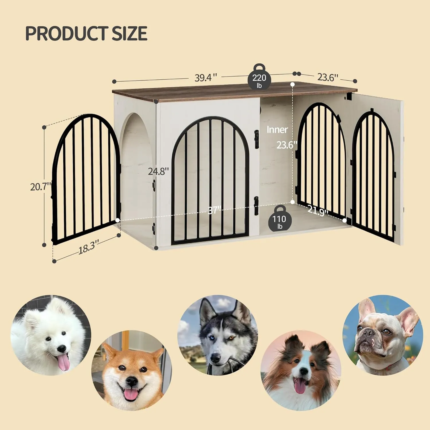39.4" Wooden Dog Crate Furniture TV Stand, Indoor Dog Kennel for Small/Medium/Large Dogs, End Side Table Dogs Crates, Anti-Chew, Anti-Escape, Arched Door Design, White Brown DFC84114B