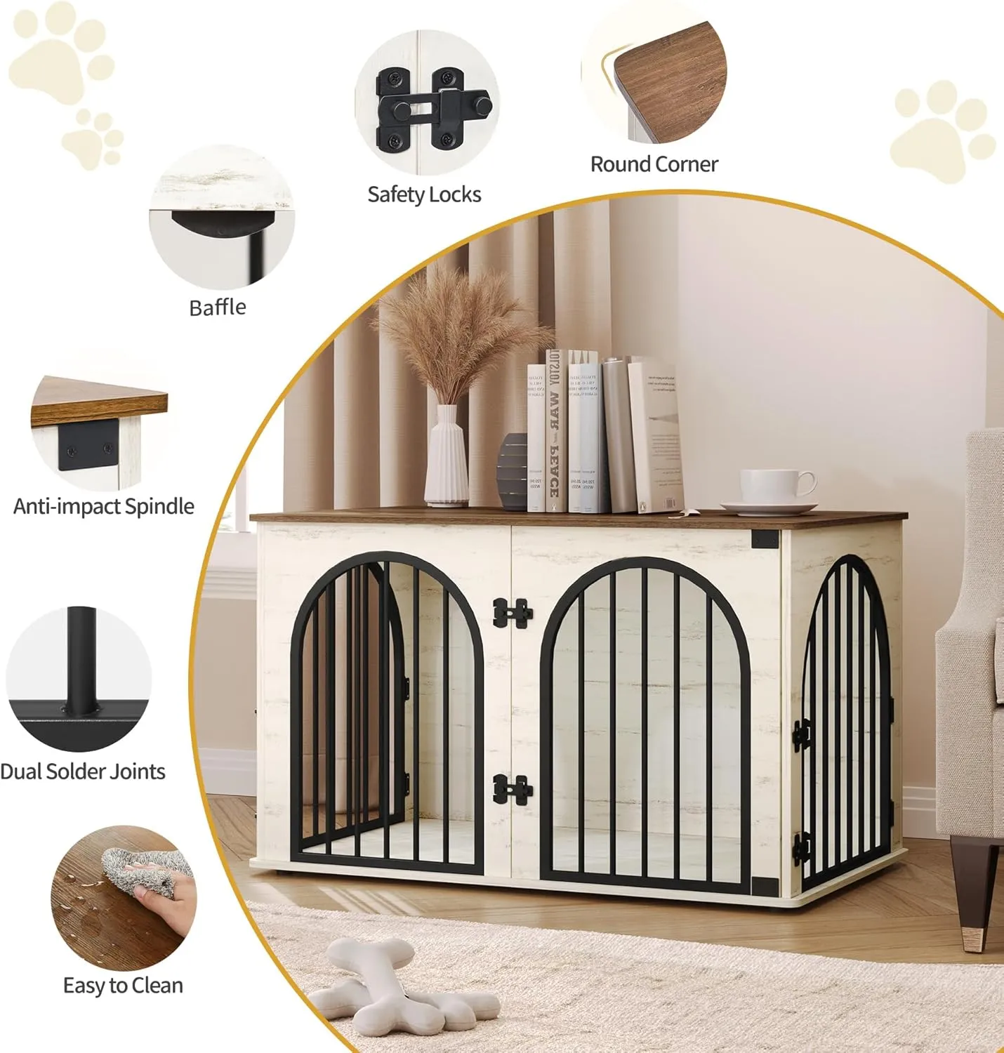 39.4" Wooden Dog Crate Furniture TV Stand, Indoor Dog Kennel for Small/Medium/Large Dogs, End Side Table Dogs Crates, Anti-Chew, Anti-Escape, Arched Door Design, White Brown DFC84114B