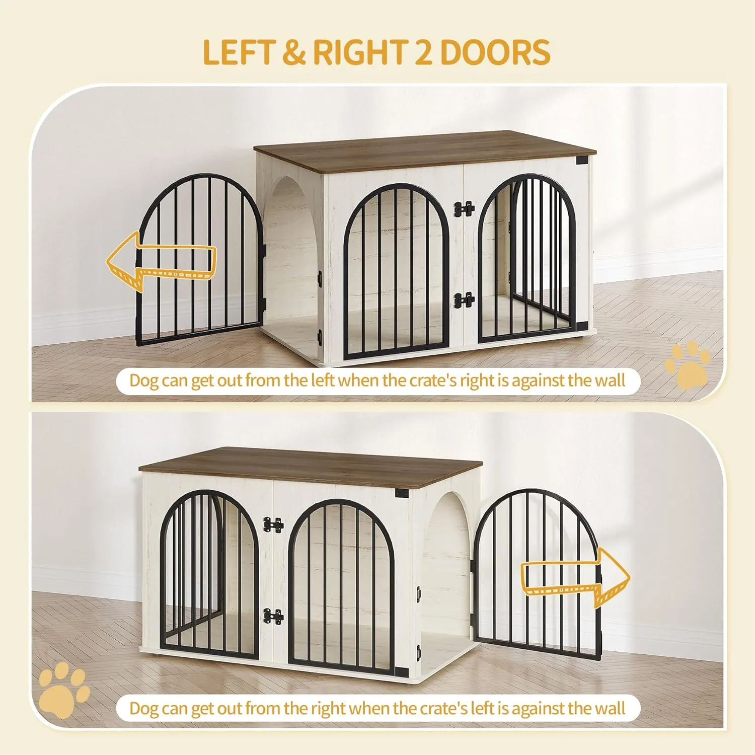39.4" Wooden Dog Crate Furniture TV Stand, Indoor Dog Kennel for Small/Medium/Large Dogs, End Side Table Dogs Crates, Anti-Chew, Anti-Escape, Arched Door Design, White Brown DFC84114B