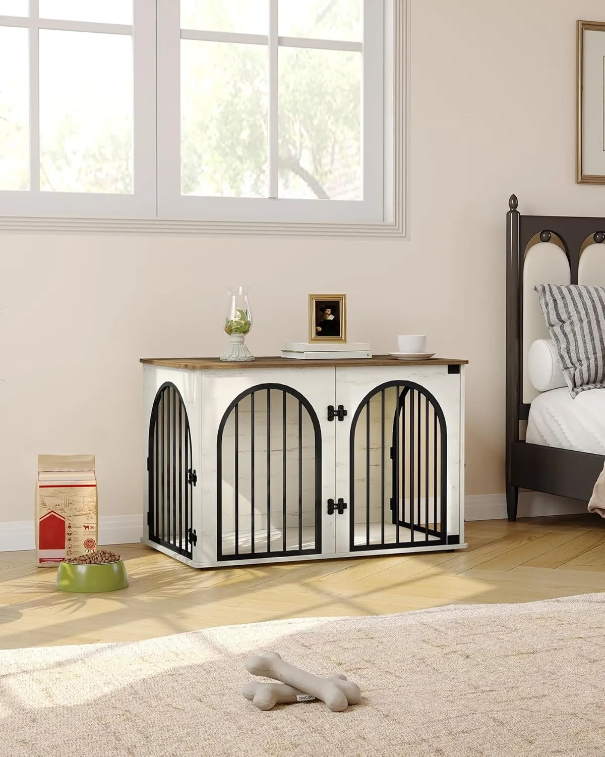 39.4" Wooden Dog Crate Furniture TV Stand, Indoor Dog Kennel for Small/Medium/Large Dogs, End Side Table Dogs Crates, Anti-Chew, Anti-Escape, Arched Door Design, White Brown DFC84114B