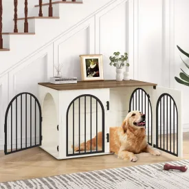39.4" Wooden Dog Crate Furniture TV Stand, Indoor Dog Kennel for Small/Medium/Large Dogs, End Side Table Dogs Crates, Anti-Chew, Anti-Escape, Arched Door Design, White Brown DFC84114B
