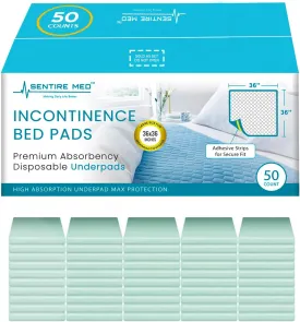 50 Pack Premium Extra Large Super Max 125 Gram Absorbent Bed Pads for Incontinence. Disposable 36 x 36 inches size Incontinence Liner with Adhesive Strips Chucks Pad ,Odor Control Layer, Leak Lock Pad
