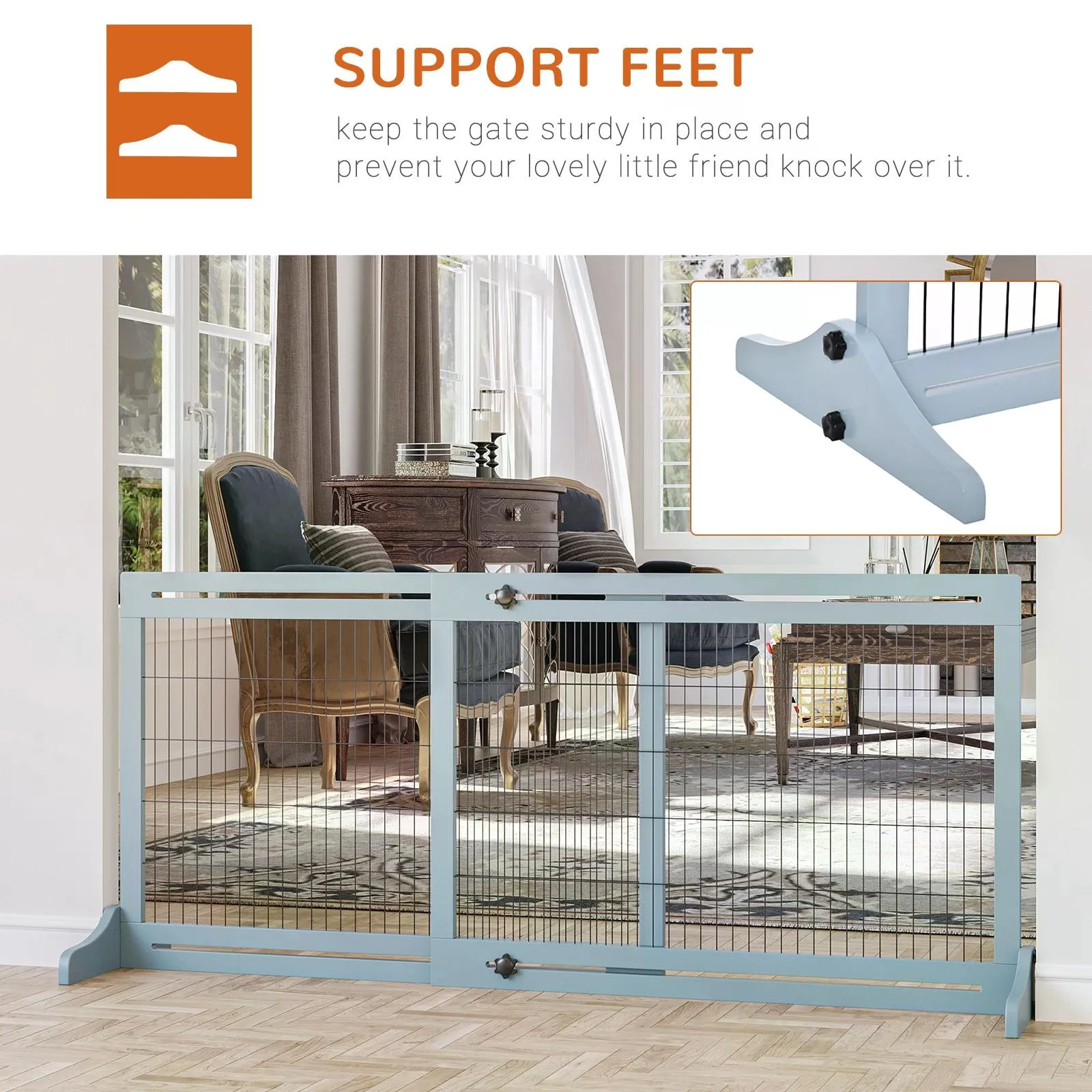 Adjustable Wooden Pet Gate Freestanding Dog Barrier Fence with 3 Panels for Doorway Hallway 69H x 104-183H cm Blue