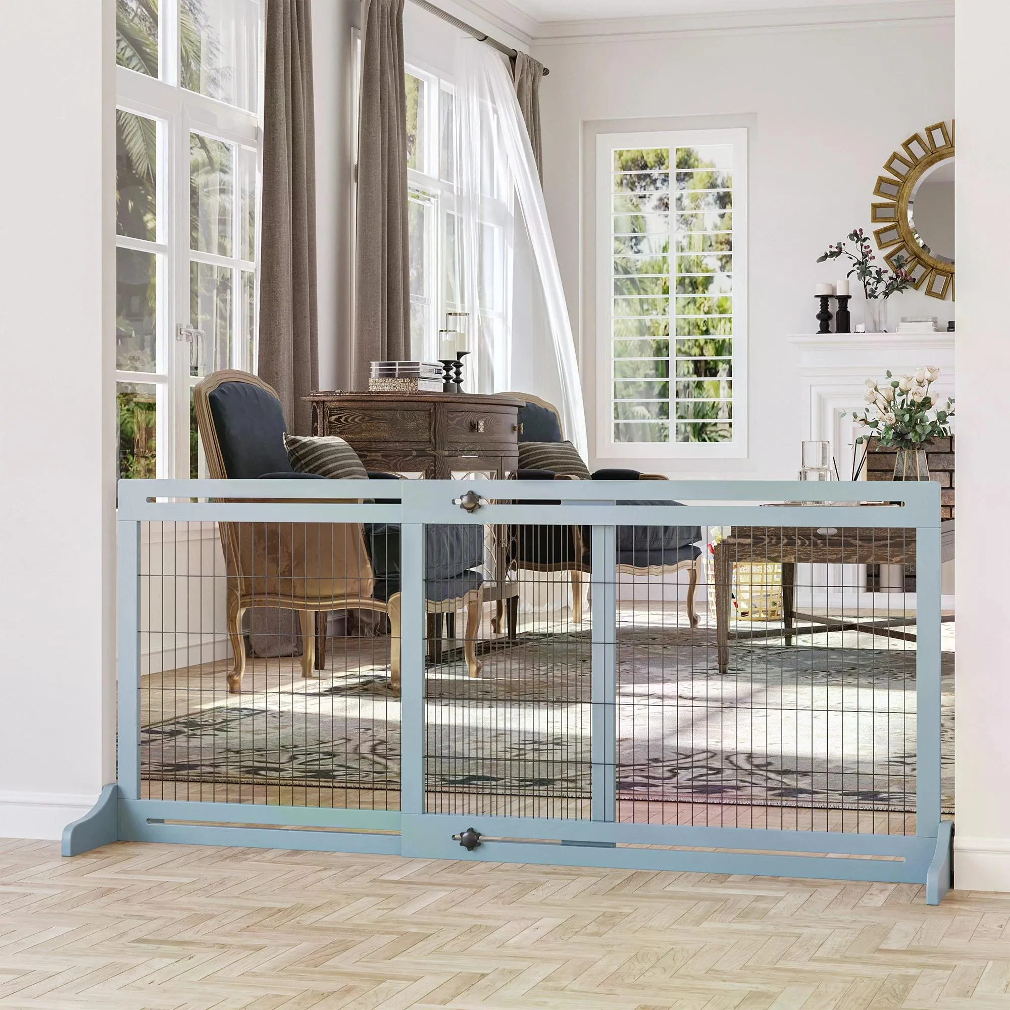Adjustable Wooden Pet Gate Freestanding Dog Barrier Fence with 3 Panels for Doorway Hallway 69H x 104-183H cm Blue