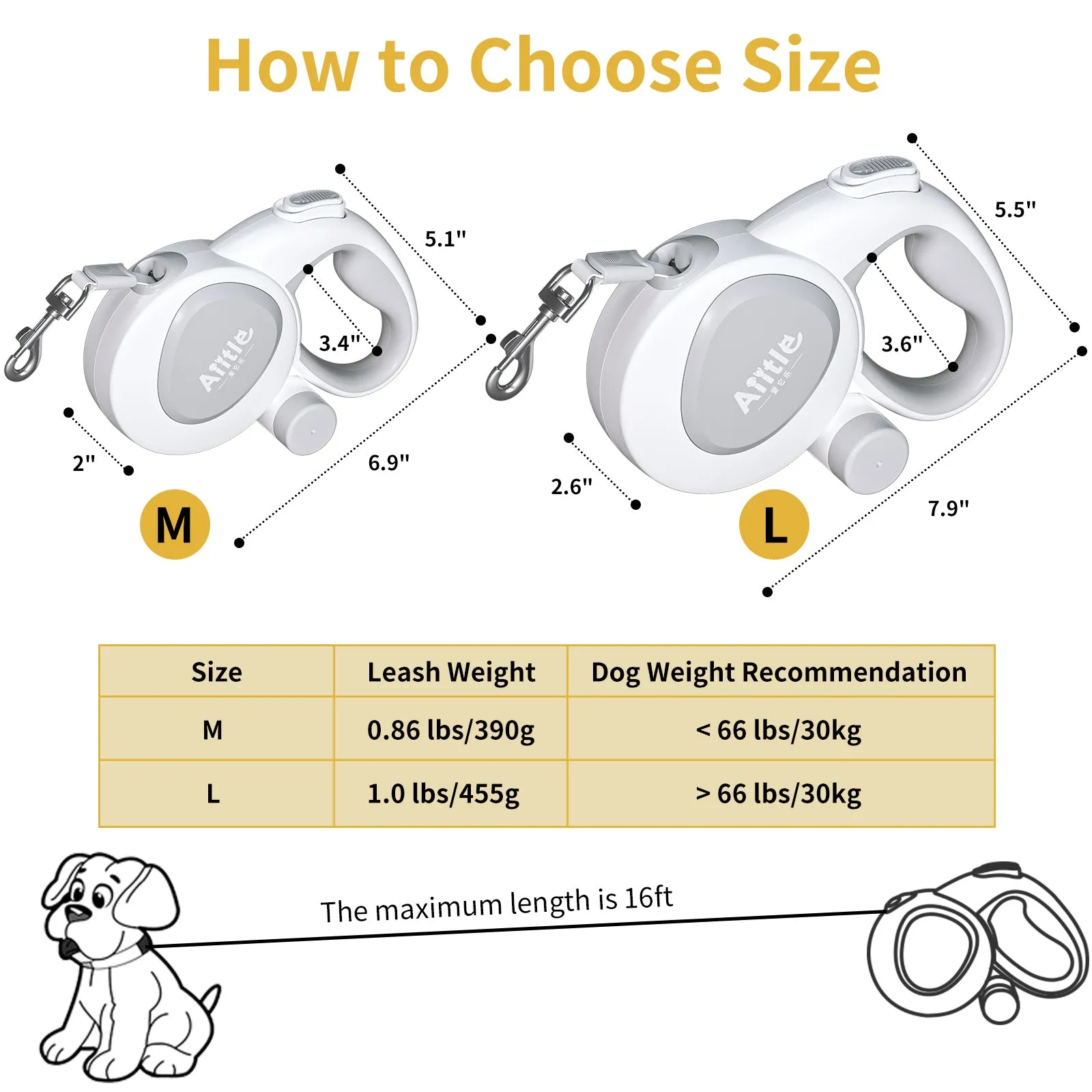 Aiitle Retractable Dog Leash with LED Flashlight White