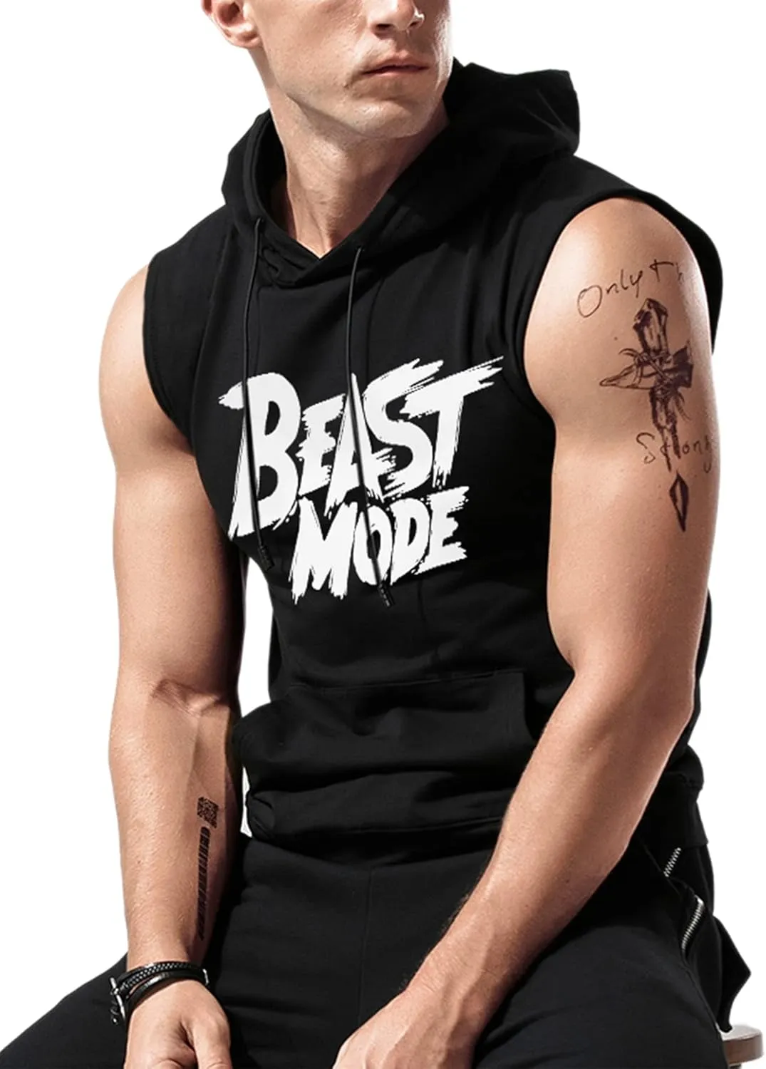Amussiar Men's Workout Hooded Tank Tops Sleeveless Gym Training Hoodies Bodybuilding Muscle Cut Off T Shirt