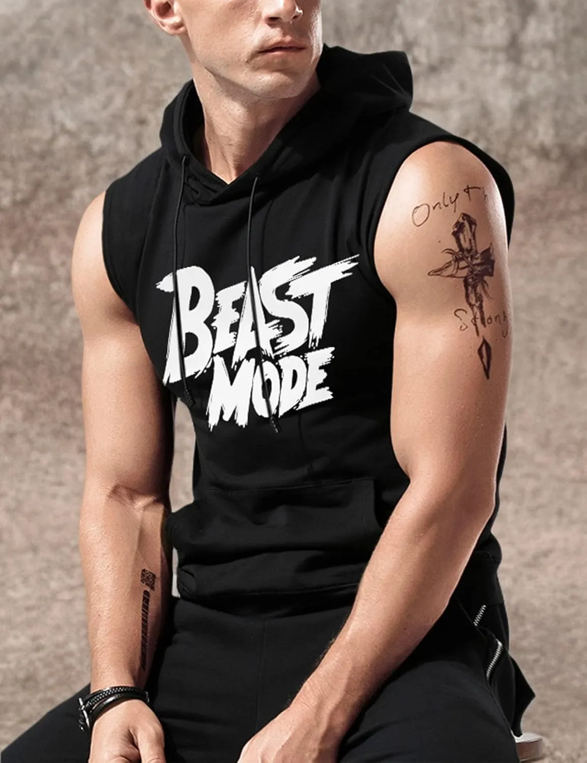 Amussiar Men's Workout Hooded Tank Tops Sleeveless Gym Training Hoodies Bodybuilding Muscle Cut Off T Shirt