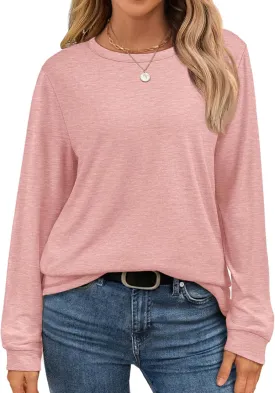 ATHMILE Women's Long Sleeve Shirts Casual Loose Fit Tees Solid Color Oversized Basic Tops Business Casual Outfits