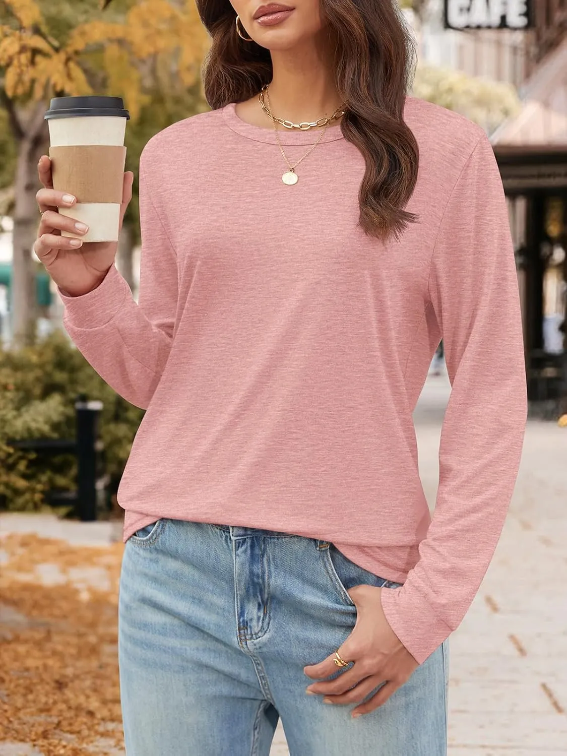 ATHMILE Women's Long Sleeve Shirts Casual Loose Fit Tees Solid Color Oversized Basic Tops Business Casual Outfits