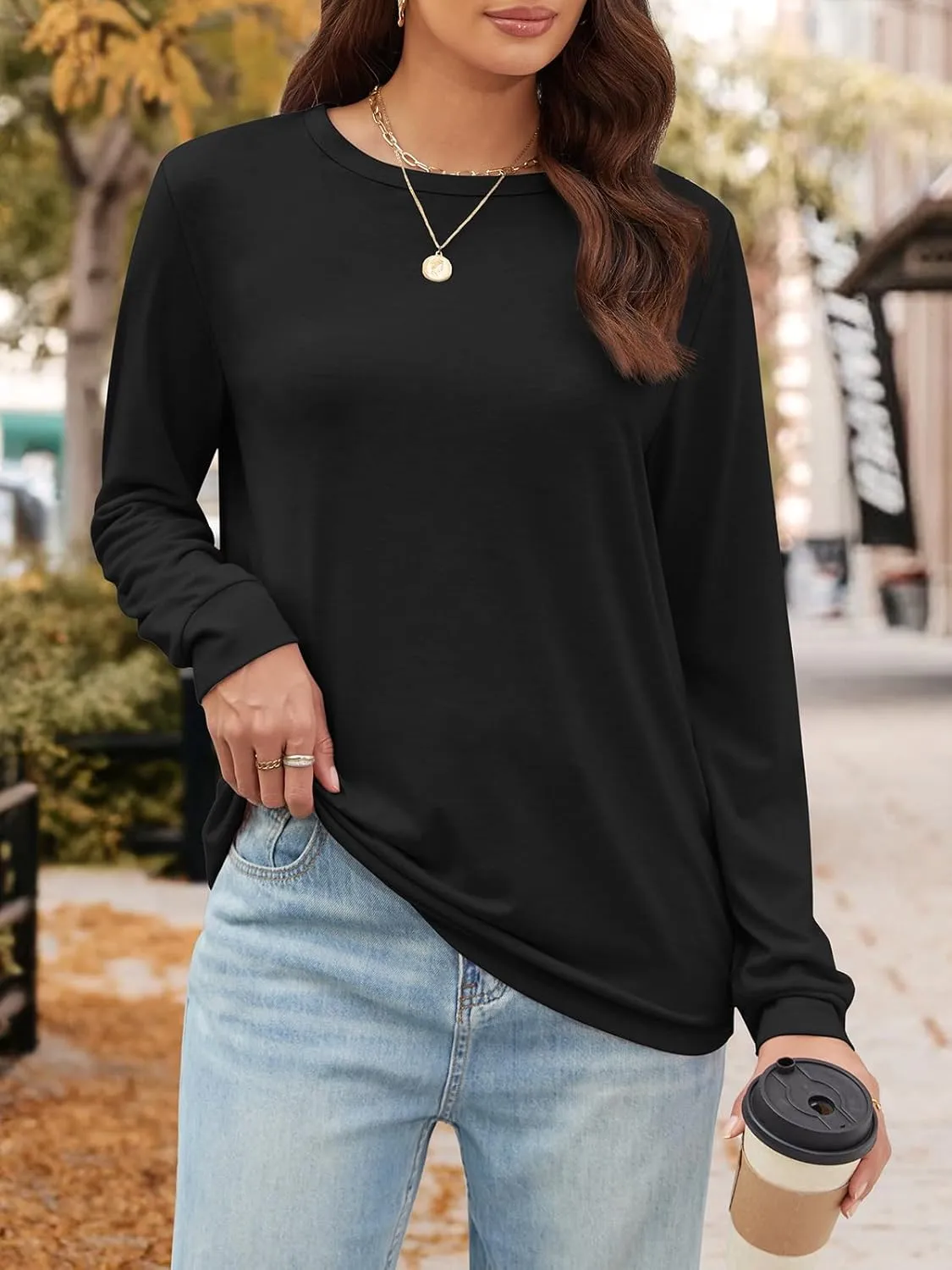 ATHMILE Women's Long Sleeve Shirts Casual Loose Fit Tees Solid Color Oversized Basic Tops Business Casual Outfits