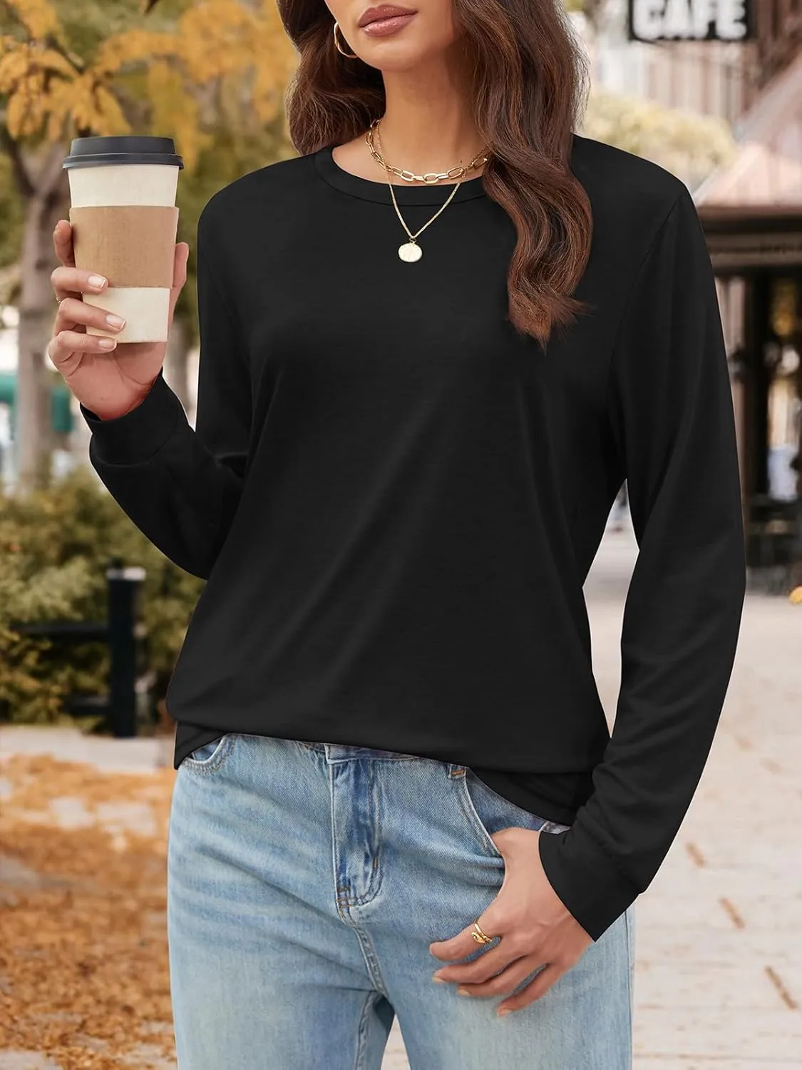 ATHMILE Women's Long Sleeve Shirts Casual Loose Fit Tees Solid Color Oversized Basic Tops Business Casual Outfits