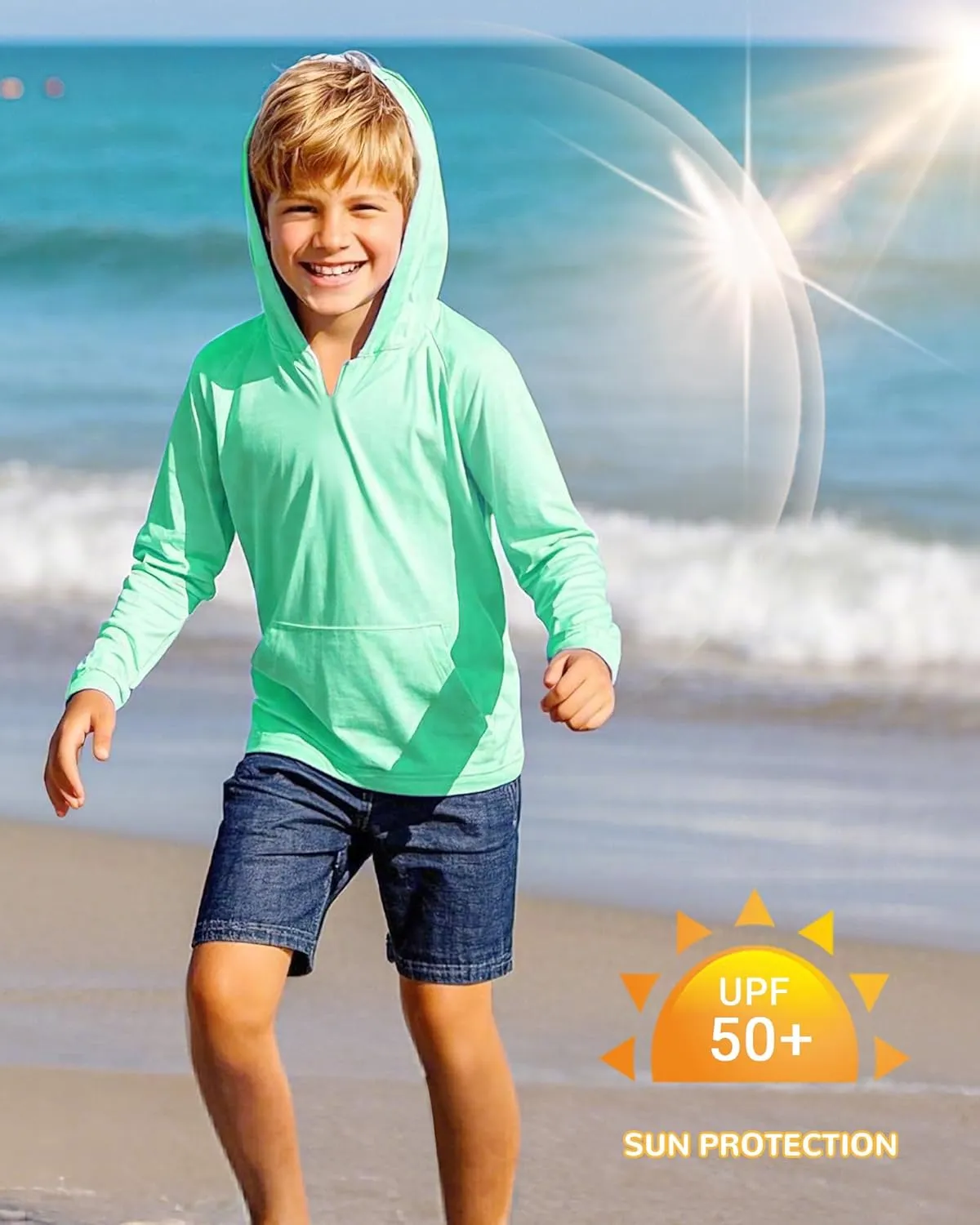 Boys Rash Guard Long Sleeve Hoodie Swim Shirt with Pocket Youth Kids UPF 50  Sun Protection Fishing Shirts Thumb Hole