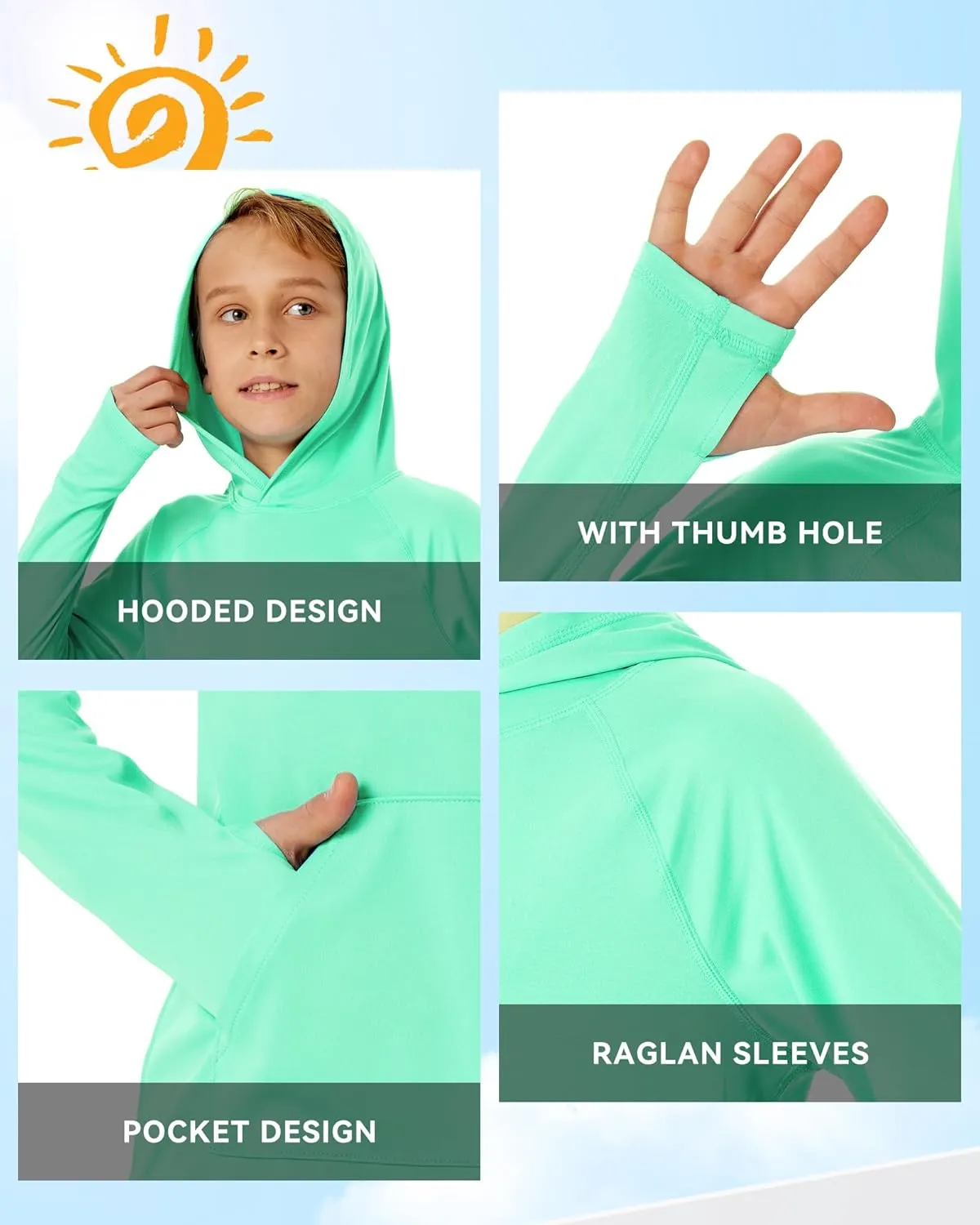 Boys Rash Guard Long Sleeve Hoodie Swim Shirt with Pocket Youth Kids UPF 50  Sun Protection Fishing Shirts Thumb Hole