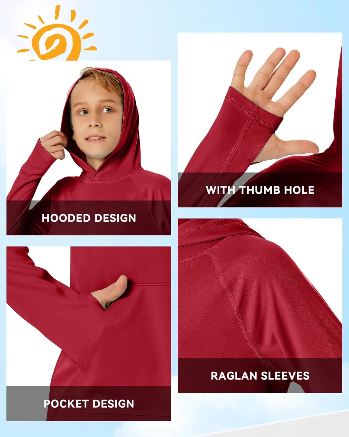 Boys Rash Guard Long Sleeve Hoodie Swim Shirt with Pocket Youth Kids UPF 50  Sun Protection Fishing Shirts Thumb Hole