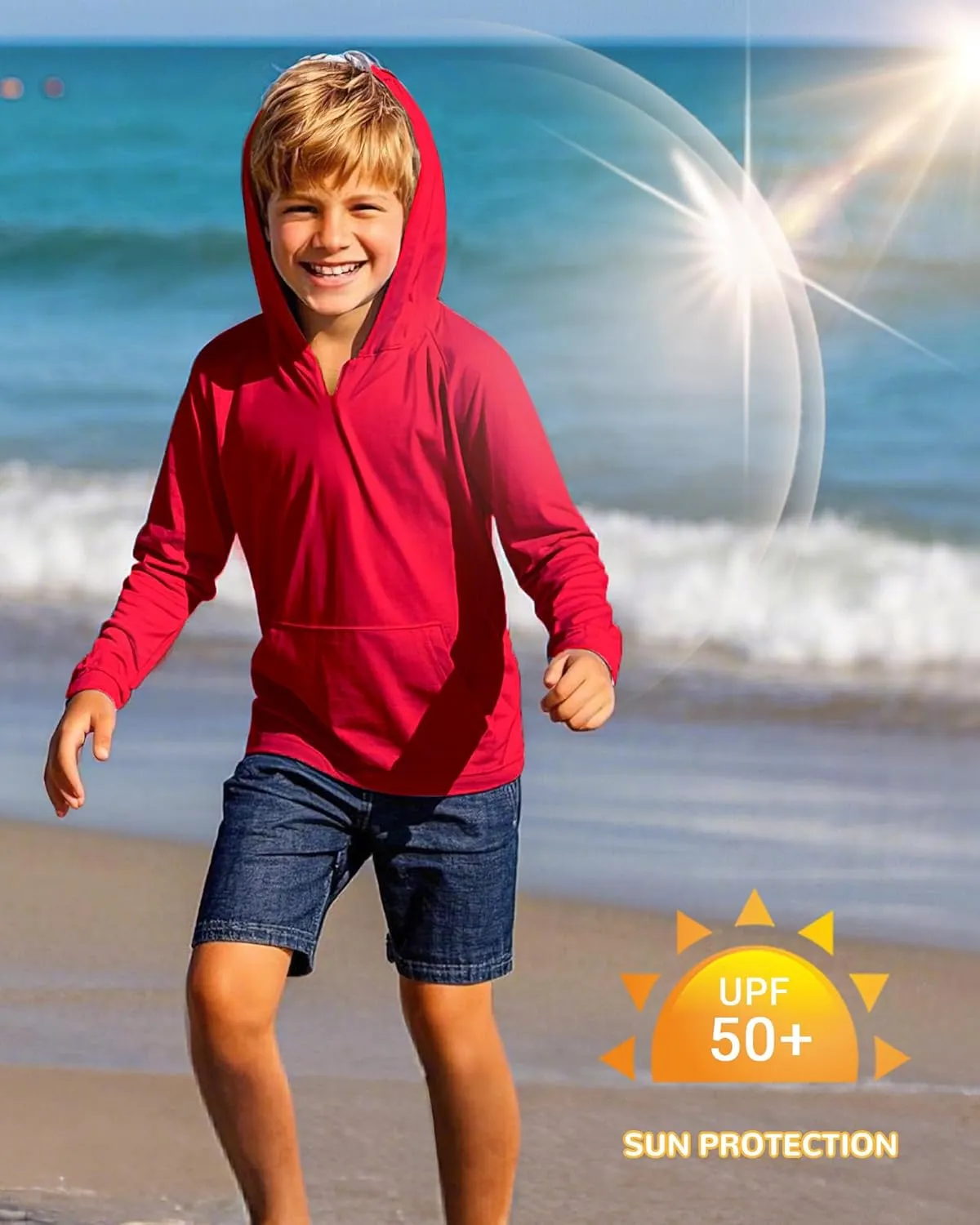 Boys Rash Guard Long Sleeve Hoodie Swim Shirt with Pocket Youth Kids UPF 50  Sun Protection Fishing Shirts Thumb Hole