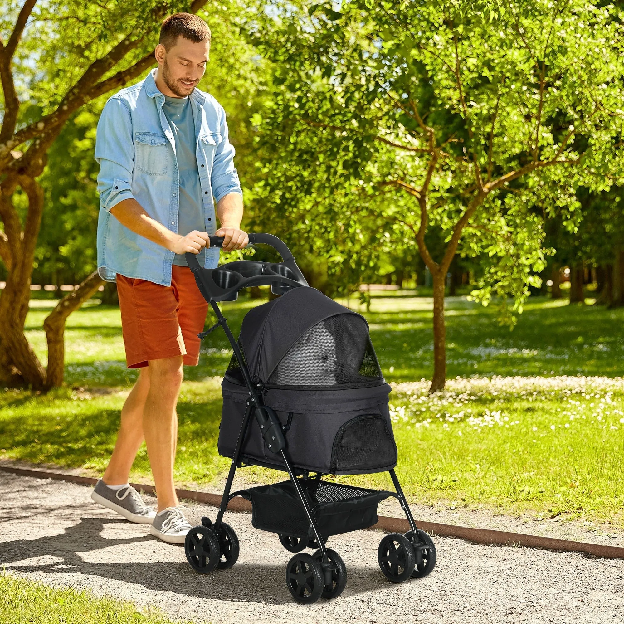 Dog Pram Dog Stroller Foldable Pet Pushchair with 4 Wheels Safety Leashes Cup Holder for Small Dogs Black