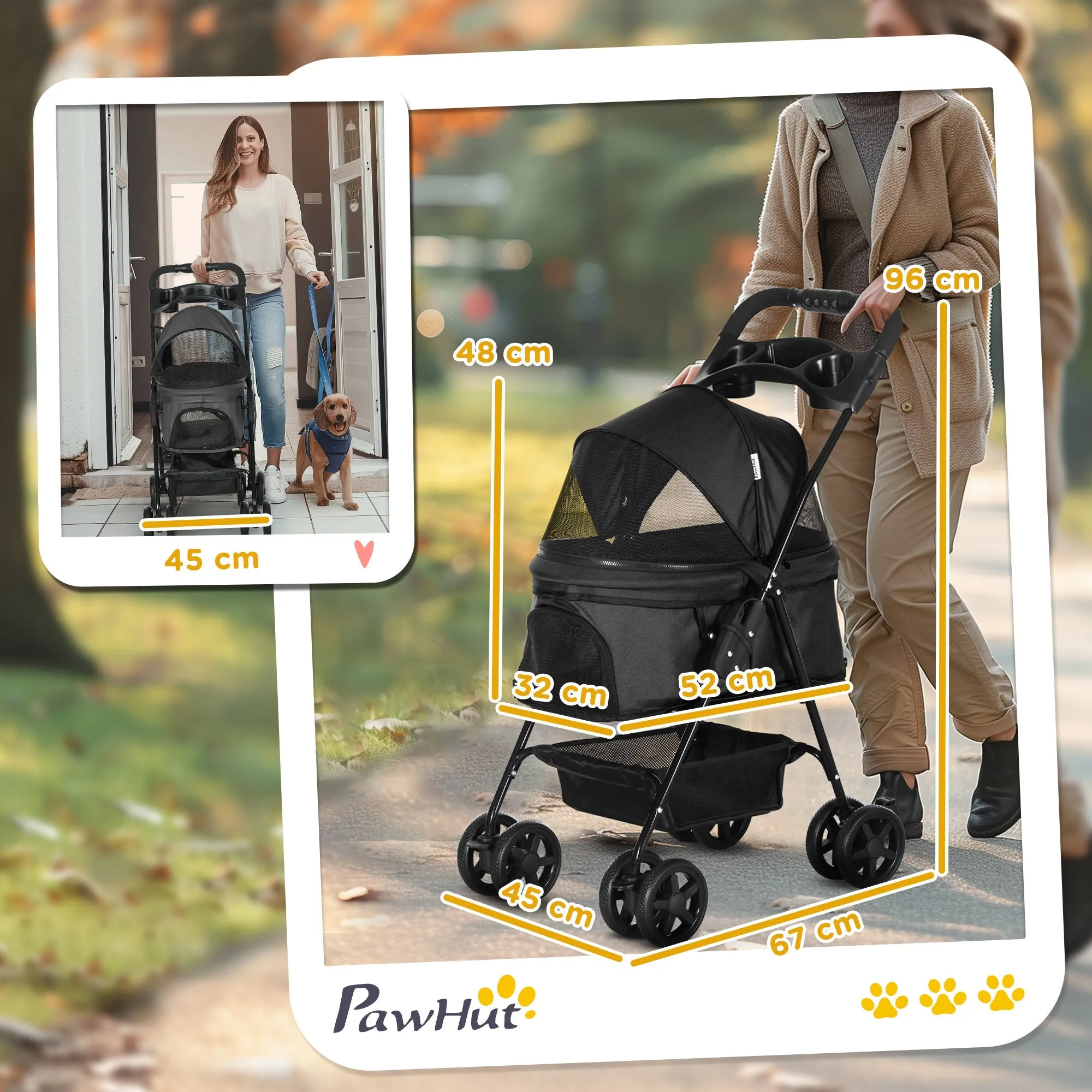 Dog Pram Dog Stroller Foldable Pet Pushchair with 4 Wheels Safety Leashes Cup Holder for Small Dogs Black
