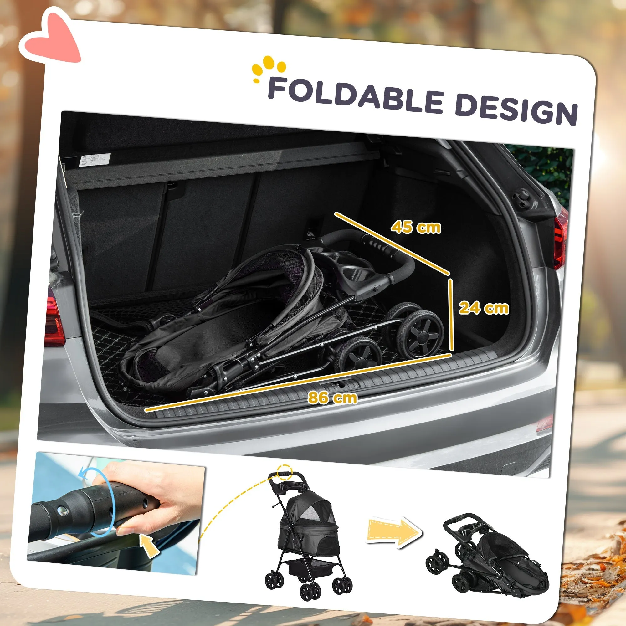 Dog Pram Dog Stroller Foldable Pet Pushchair with 4 Wheels Safety Leashes Cup Holder for Small Dogs Black