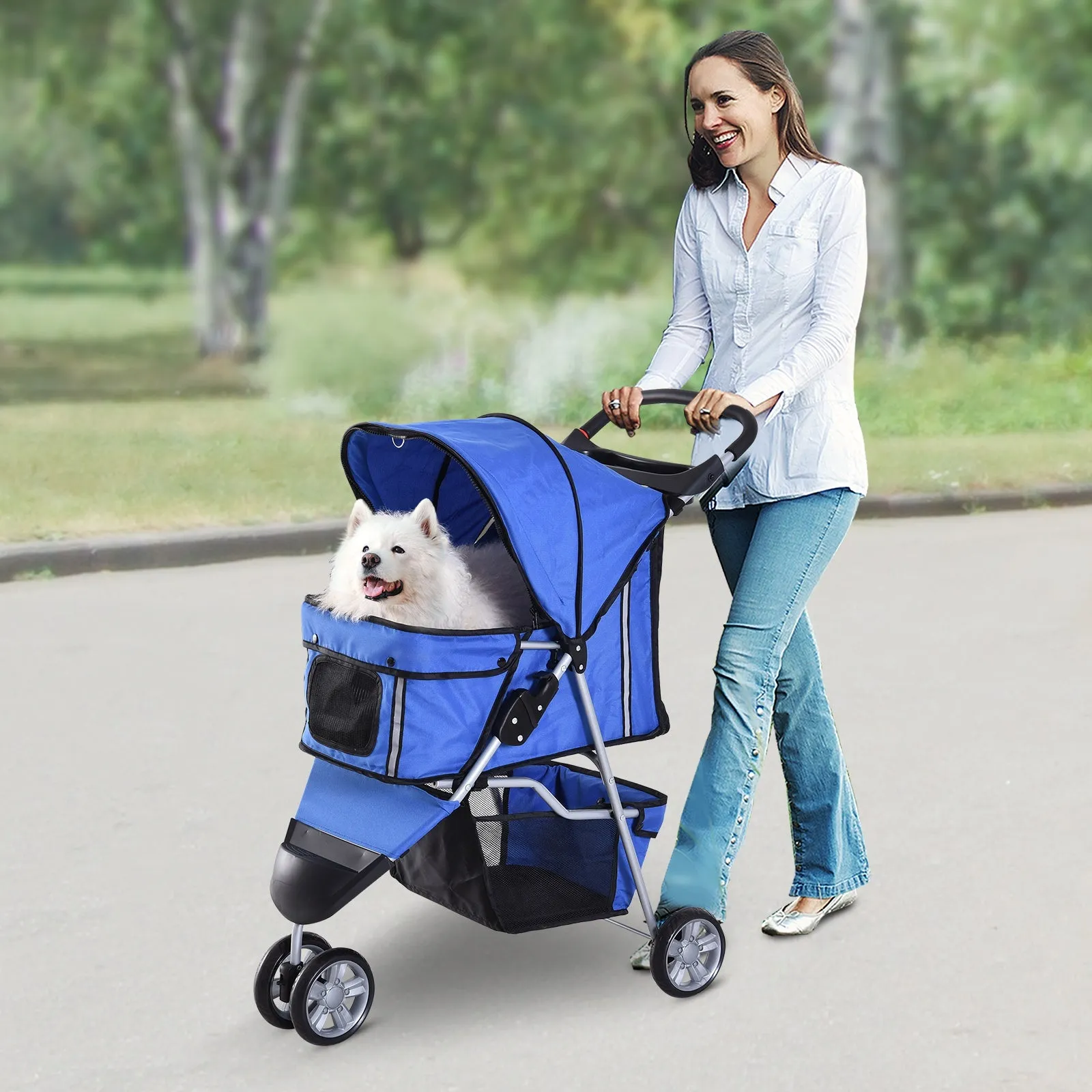 Dogs Oxford Cloth Three Wheel Pram Blue - Suitable for Small Pets