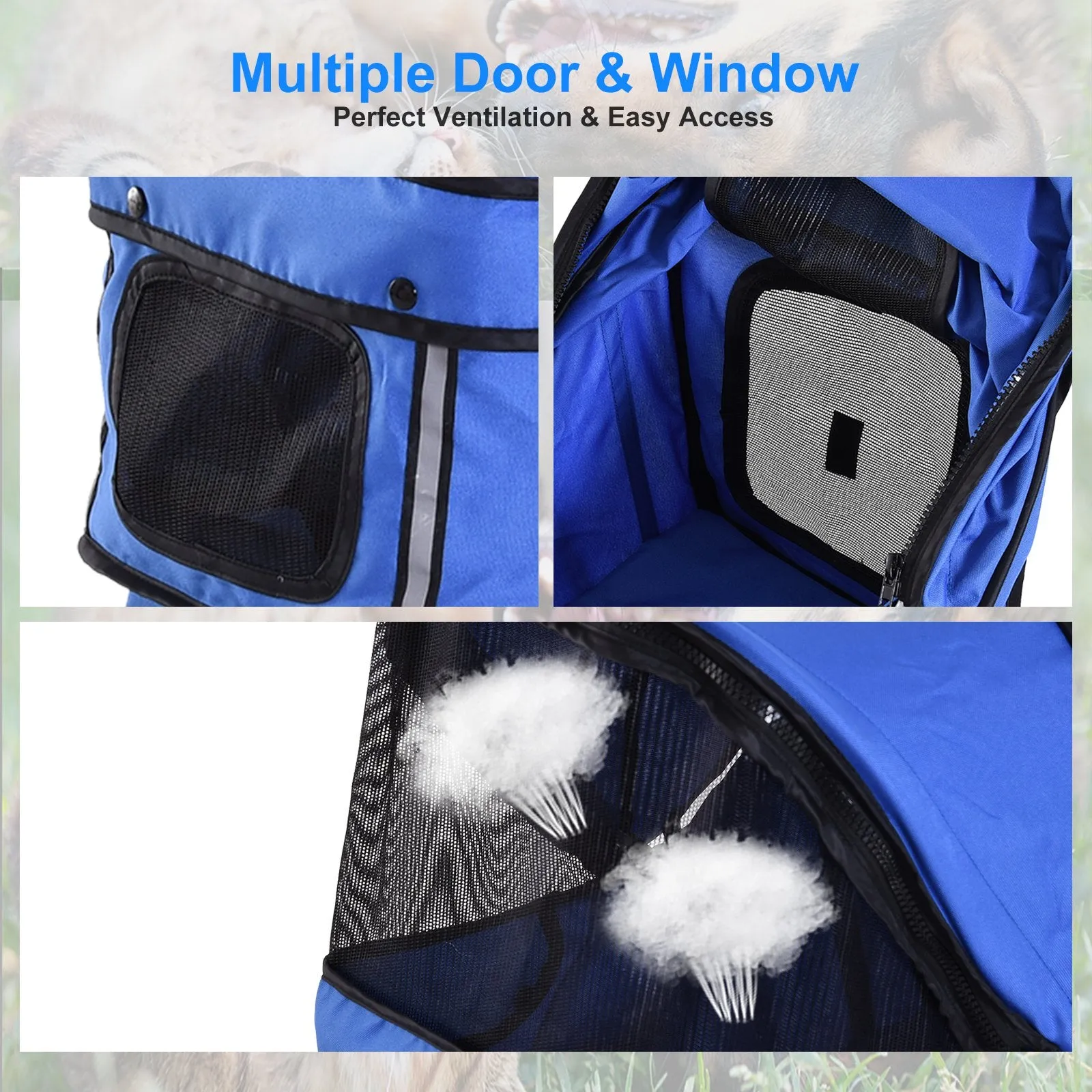 Dogs Oxford Cloth Three Wheel Pram Blue - Suitable for Small Pets