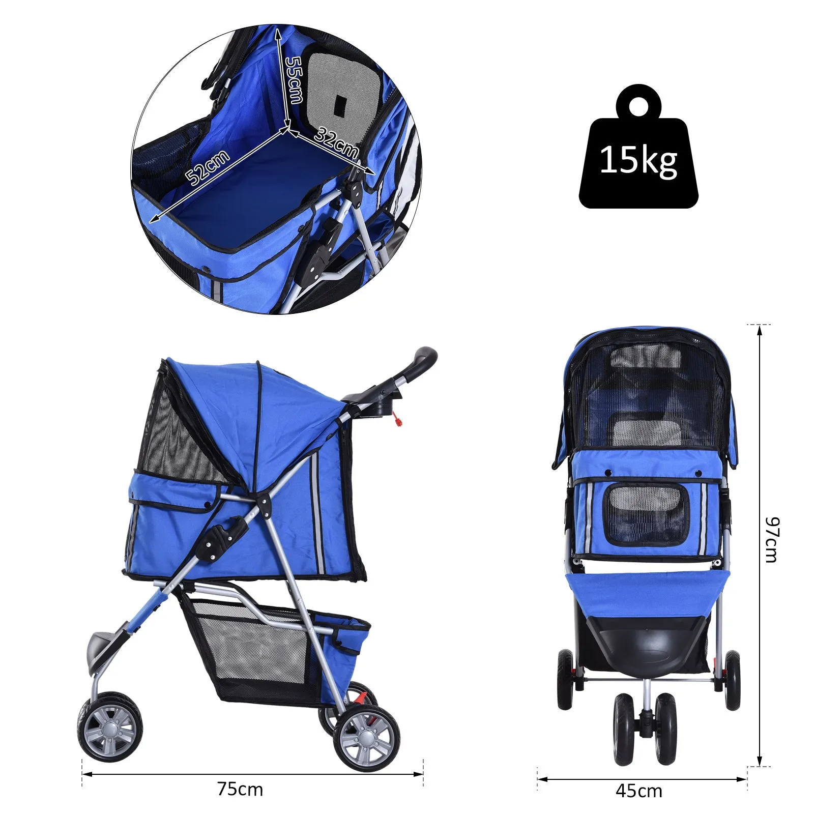 Dogs Oxford Cloth Three Wheel Pram Blue - Suitable for Small Pets