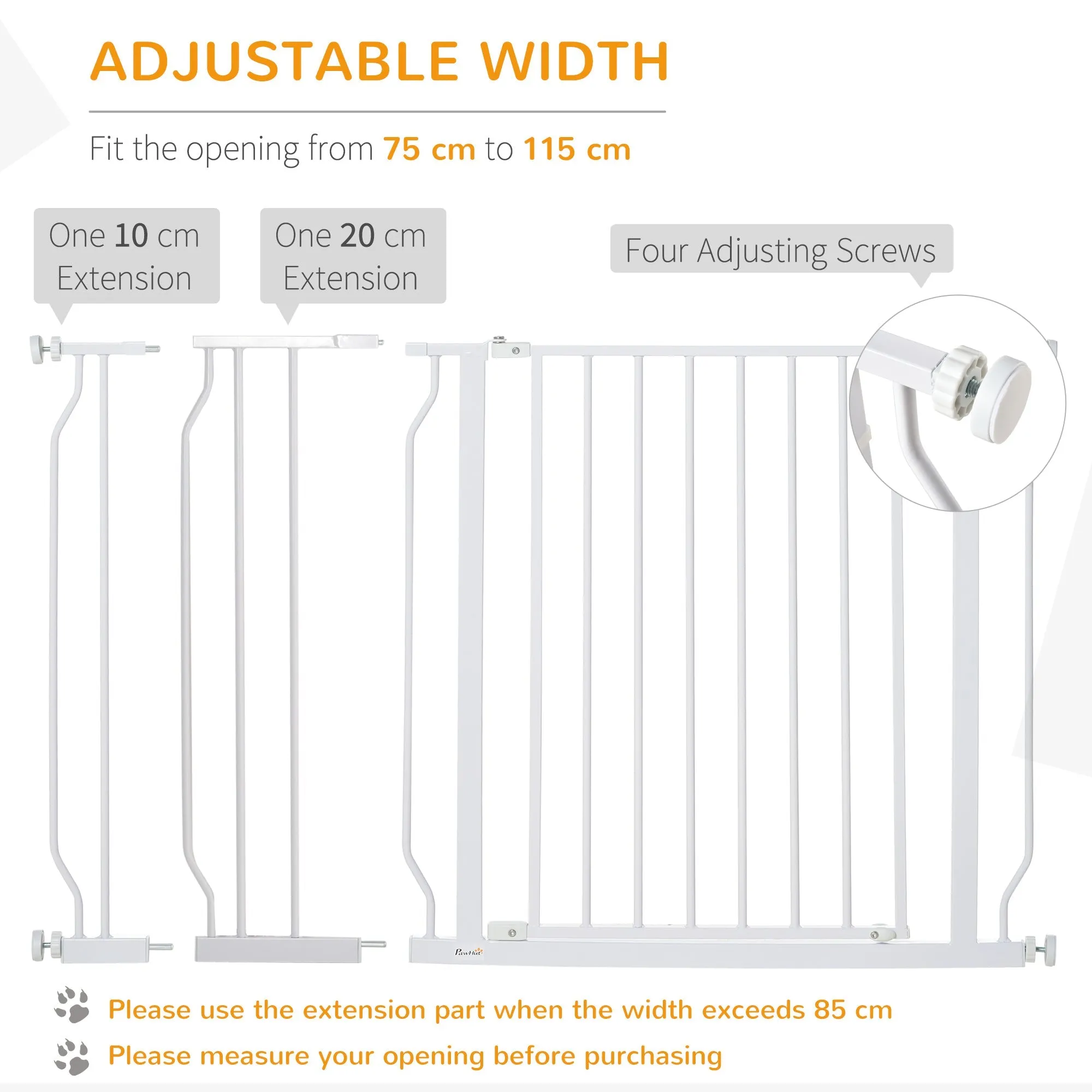 Expandable Dog Gate with Door pressure,75-115cm Doorway Pet Barrier Fence for Hallways Staircases White