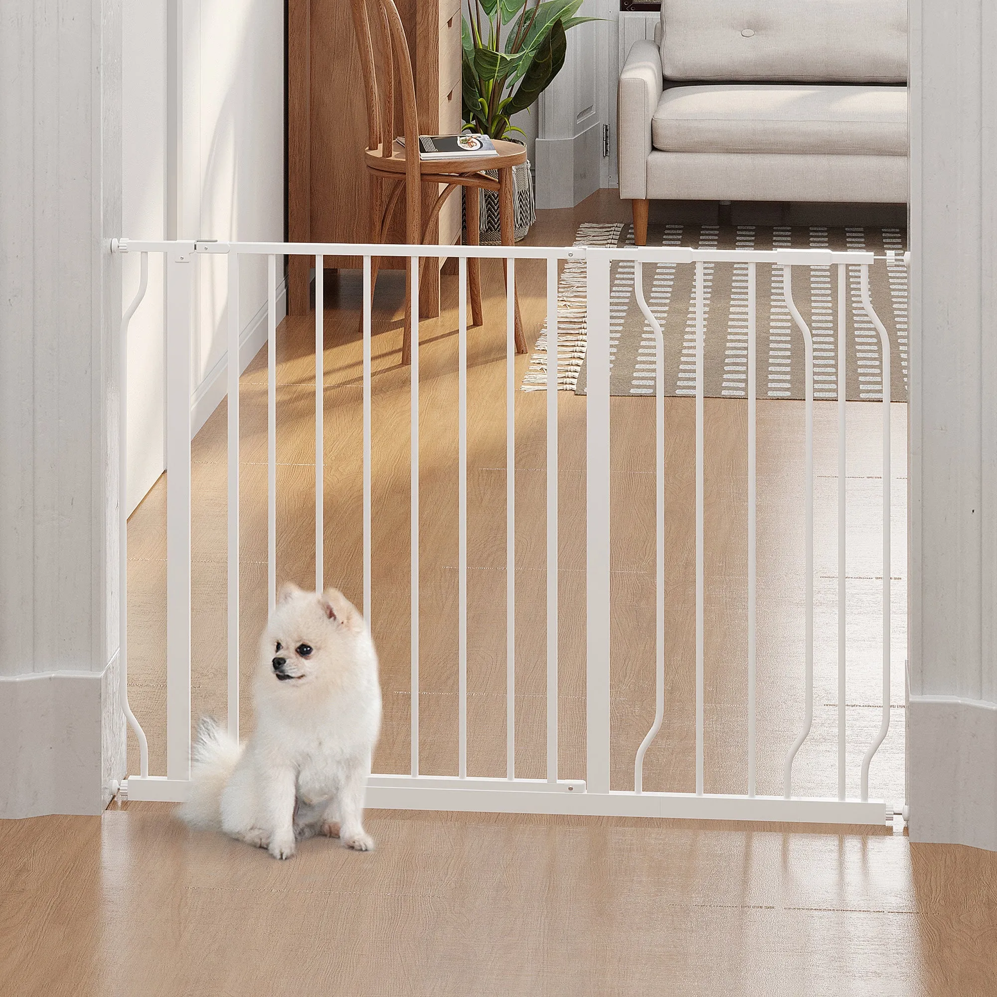 Expandable Dog Gate with Door pressure,75-115cm Doorway Pet Barrier Fence for Hallways Staircases White