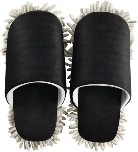 Fisyme Black Mop Slippers for Men, Soft Washable Microfiber Super Chenille House Home Shoes Mopping Slippers for Kitchen Bedroom Floor Cleaning