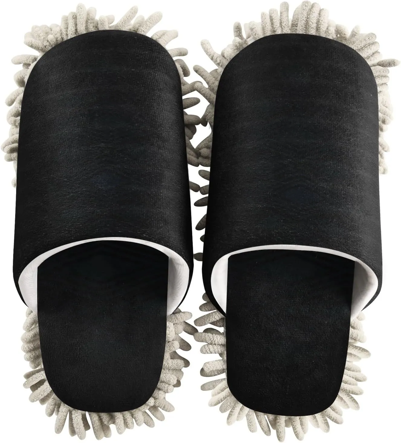 Fisyme Black Mop Slippers for Men, Soft Washable Microfiber Super Chenille House Home Shoes Mopping Slippers for Kitchen Bedroom Floor Cleaning