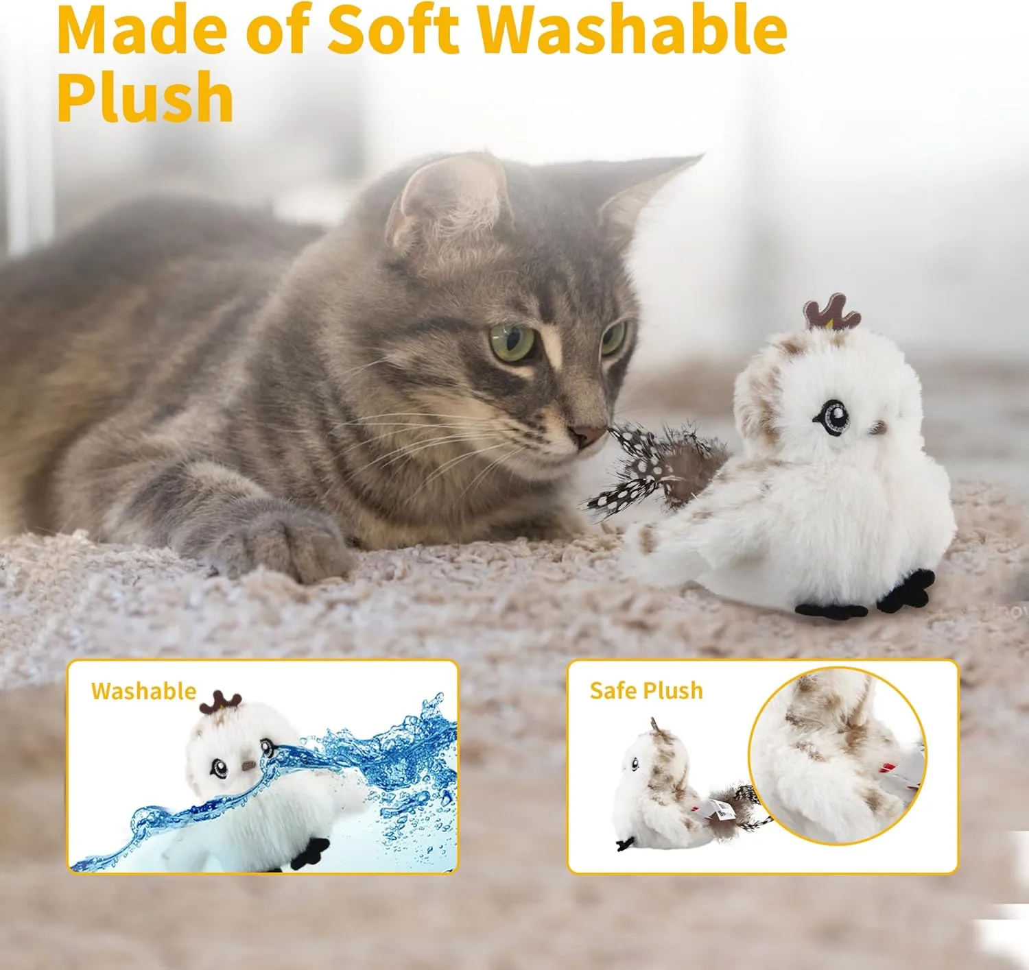 Gigwi Interactive Cat Toys for Indoor Cats, Flapping and Chirping Catnip Toys for Cat Exercise, Automatic Cat Toy with Beating Wings & Real Feather Tail, Rechargeable Cat Kicker Toy Prince
