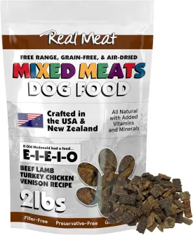 Mixed Meat E-I-E-I-O Air Dried Dog Food w/Real Beef, Lamb, Turkey, Chiken & Venison (Free from Fish) - 2lbs of Grain-Free, High-Protein, Real Meat Dog Food for Dogs of Any Age & Size