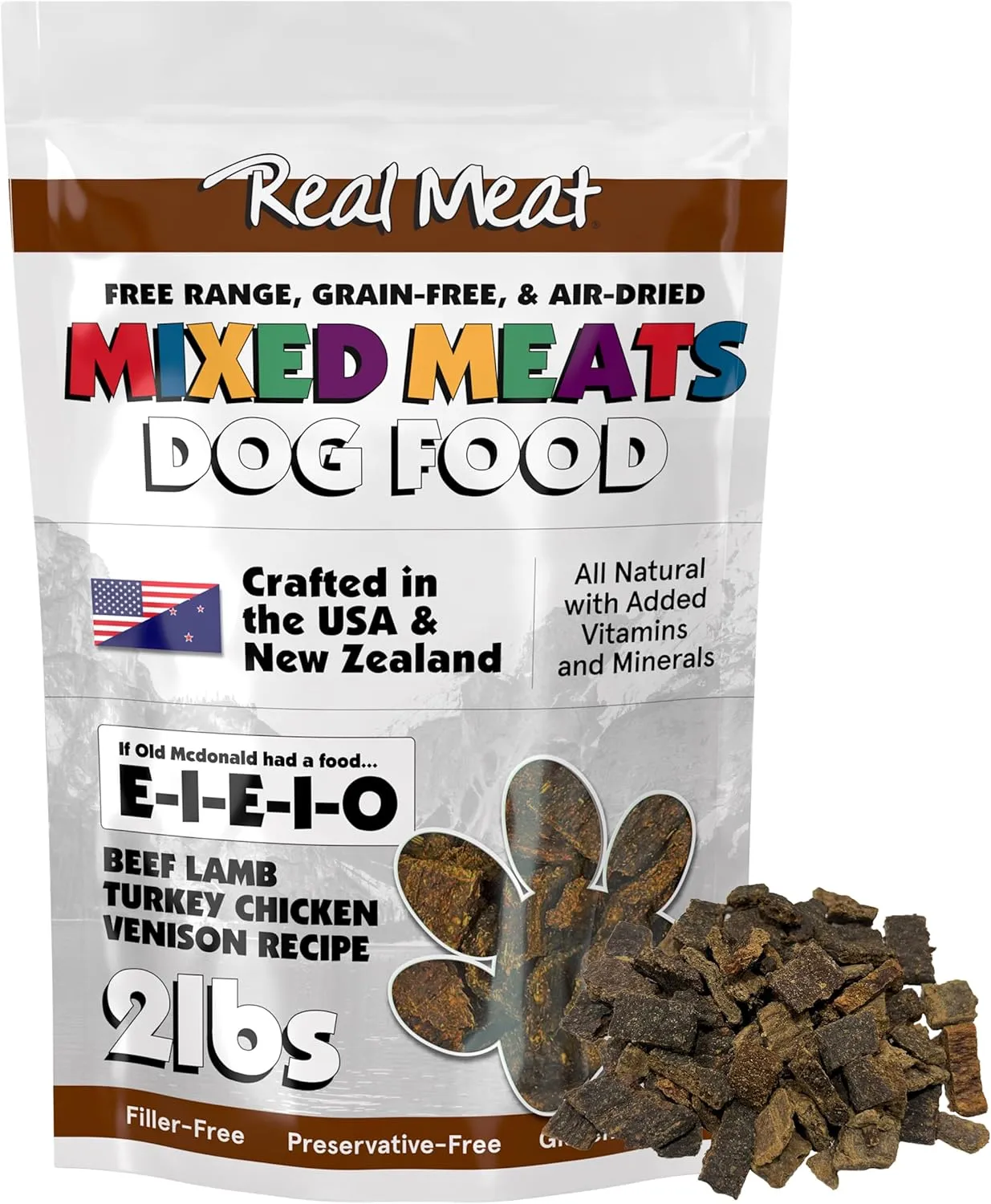 Mixed Meat E-I-E-I-O Air Dried Dog Food w/Real Beef, Lamb, Turkey, Chiken & Venison (Free from Fish) - 2lbs of Grain-Free, High-Protein, Real Meat Dog Food for Dogs of Any Age & Size