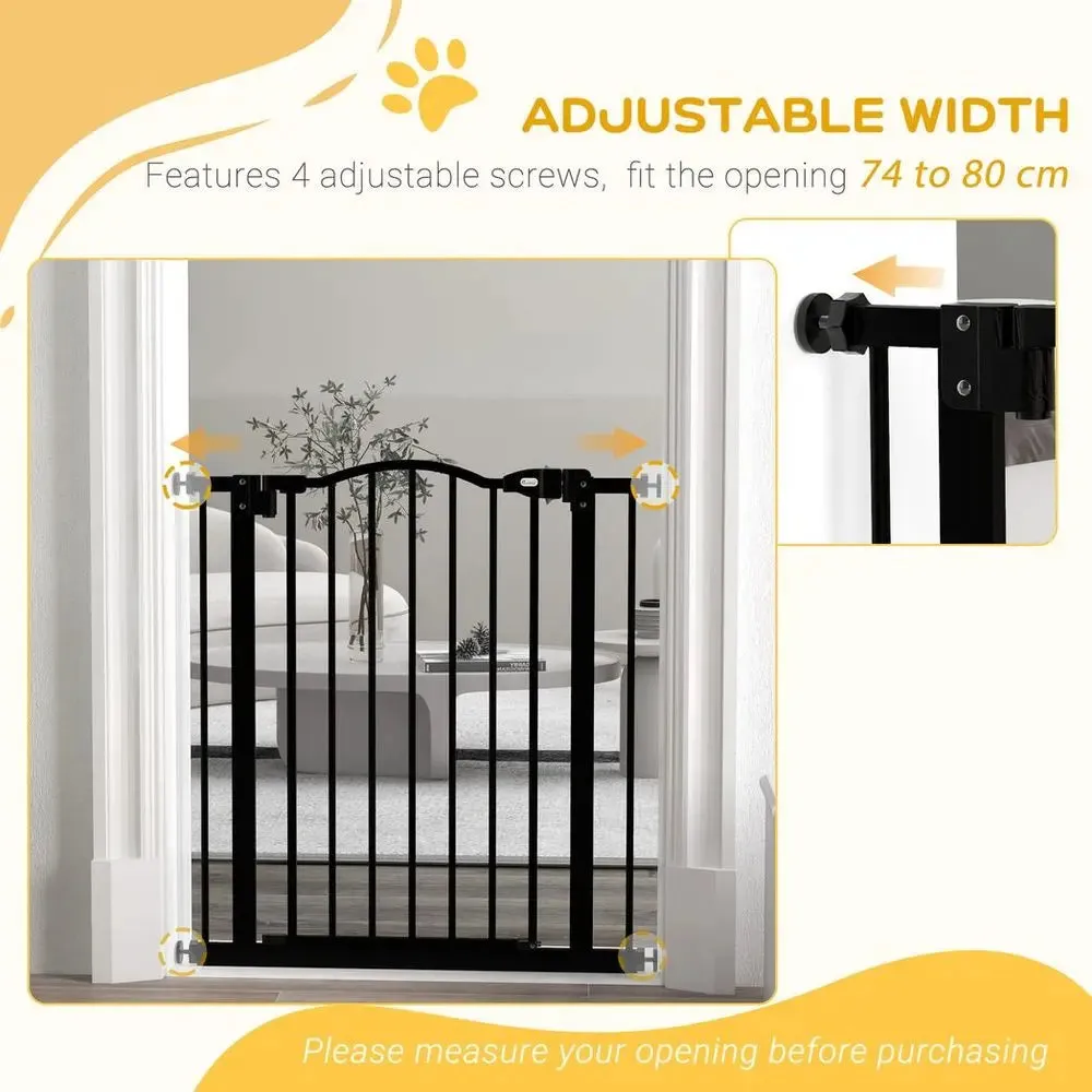 PawHut 74-80cm Adjustable Metal Pet Gate Safety Barrier w/ Auto-Close Black