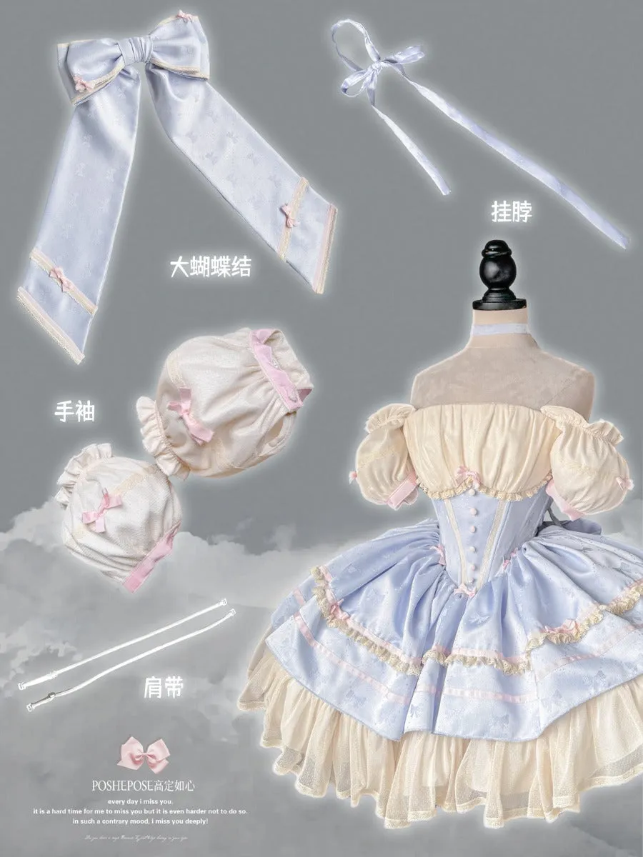 POSHEPOSE Princess blue with big butterfly blue and white