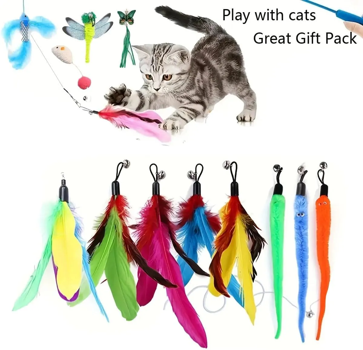 Retractable Wand Cat Toy with 5 Replaceable Heads - Interactive Cat Feather Toys, with Feathers, Butterfly & Worm Attachments - Durable Retractable t Wand Toy for Playful Kittens