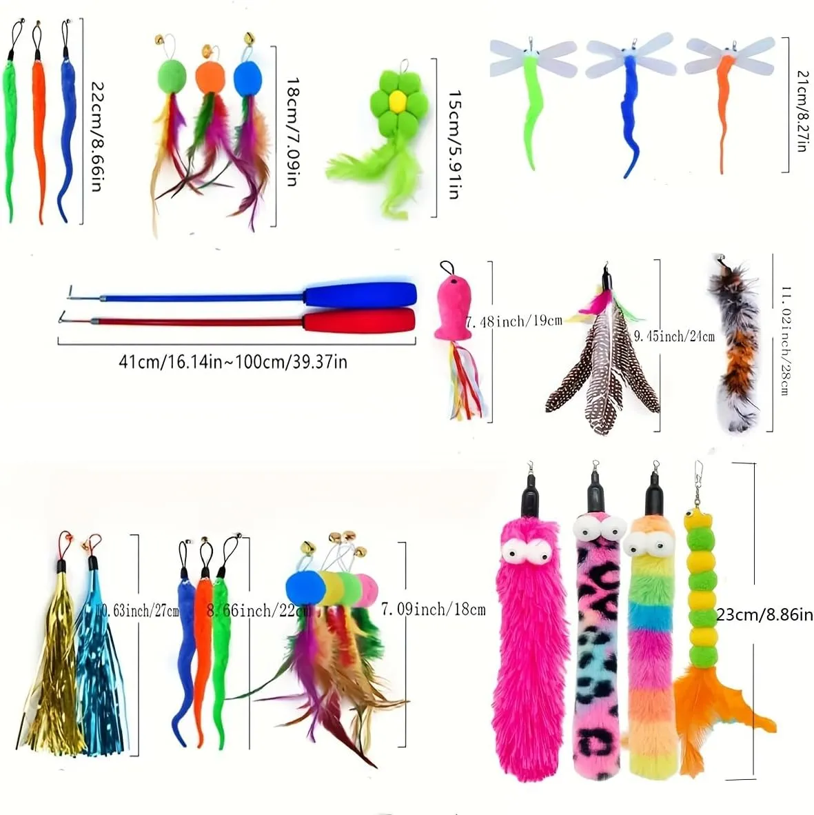 Retractable Wand Cat Toy with 5 Replaceable Heads - Interactive Cat Feather Toys, with Feathers, Butterfly & Worm Attachments - Durable Retractable t Wand Toy for Playful Kittens