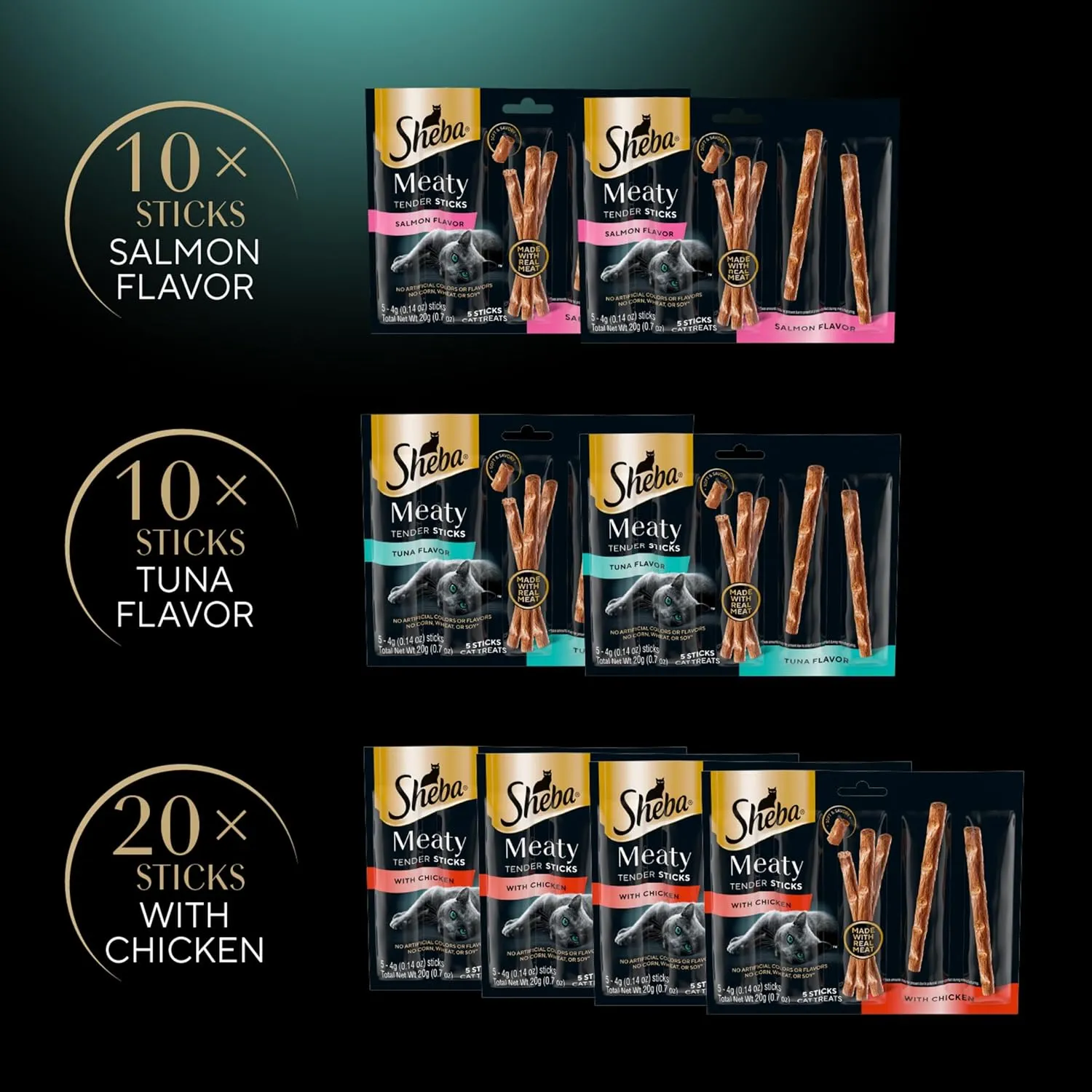 Sheba Meaty Tender Sticks Soft Cat Treats with Chicken, Tuna Flavor, and Salmon Flavor, 0.14 oz., 40 Count