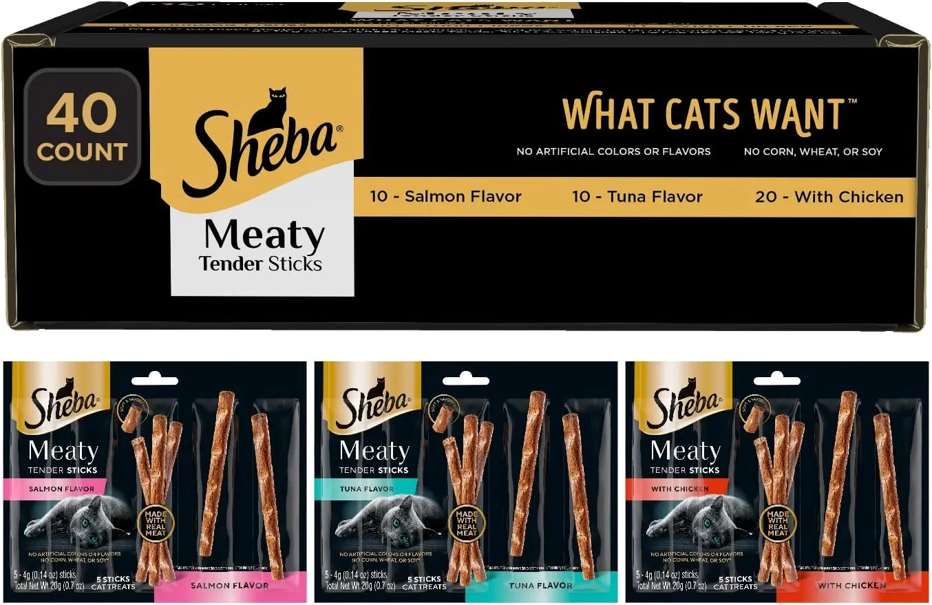 Sheba Meaty Tender Sticks Soft Cat Treats with Chicken, Tuna Flavor, and Salmon Flavor, 0.14 oz., 40 Count